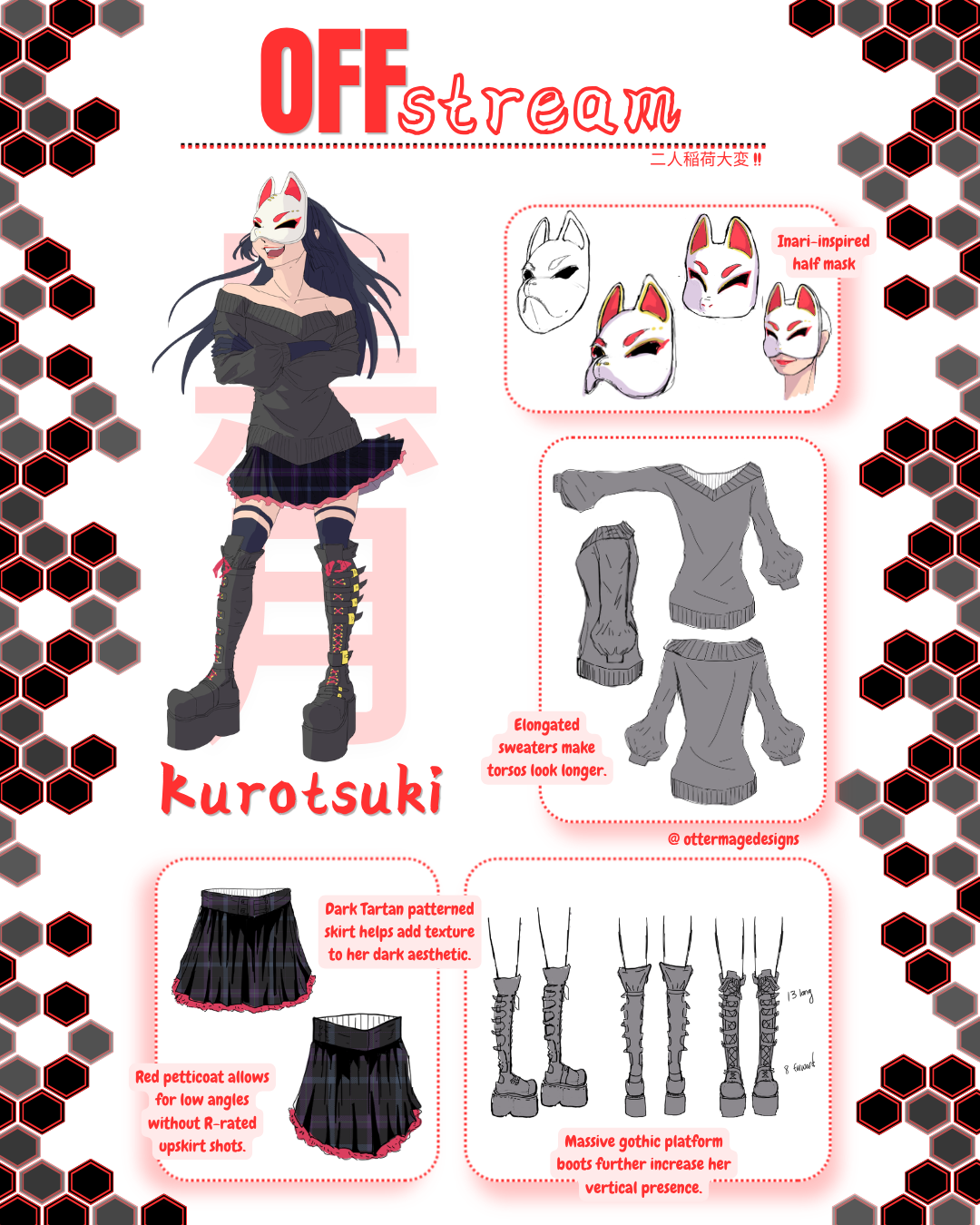 Character concept art of the main character from OFFstream, an original story by Jade.  Her name is Kurotsuki.  She's wearing gothic street wear and a half Inari mask. The image shows her design choices and sketches of her outfit.