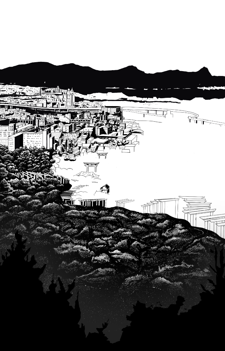 My work in progress of the background featuring both Kyoto and Fushimi Inari Taisha.