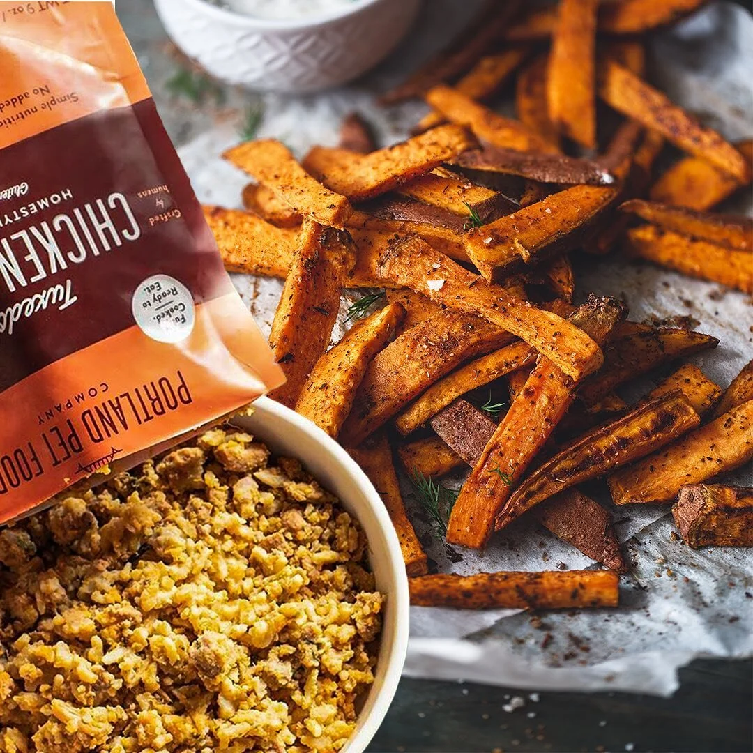 Some for me, some for you.⁣
⁣
Is your best friend feeling left out after yesterday's National French Fry Day? Featuring local chicken from the Northwest, this Chicken and Yam recipe is sure to cheer him up! Already cooked and ready to eat, serving th