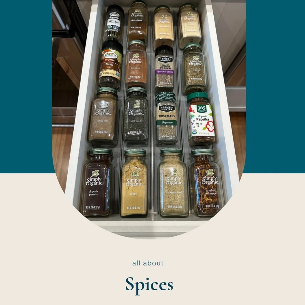 Spices can be a challenge to organize and to keep organized. There are many different ways of organizing spices, from turntable varieties to pull-down spice shelves. It all boils down to how much space you have and, more importantly, how you USE that