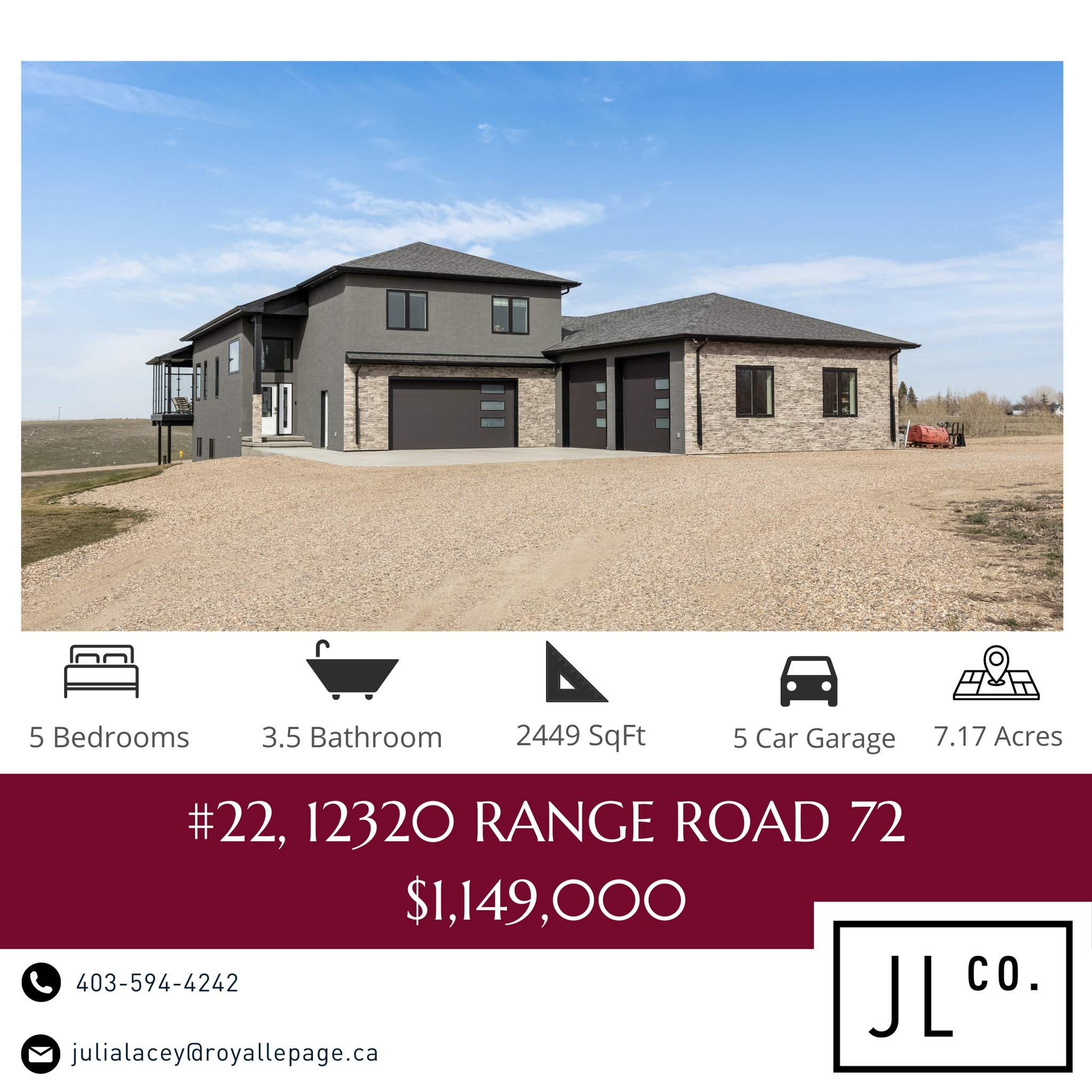 🏡 Nestled in West Ridge Country Estates, just minutes from Medicine Hat, discover this stunning 7.14-acre retreat!

✨ 2449 SqFt Modified Bi-level
🛏️ 5 beds, 🛁 3.5 baths
🚗 2392 SqFt attached 5-car garage
🏞️ 18&rsquo; vaulted ceilings
🍳 Gourmet k