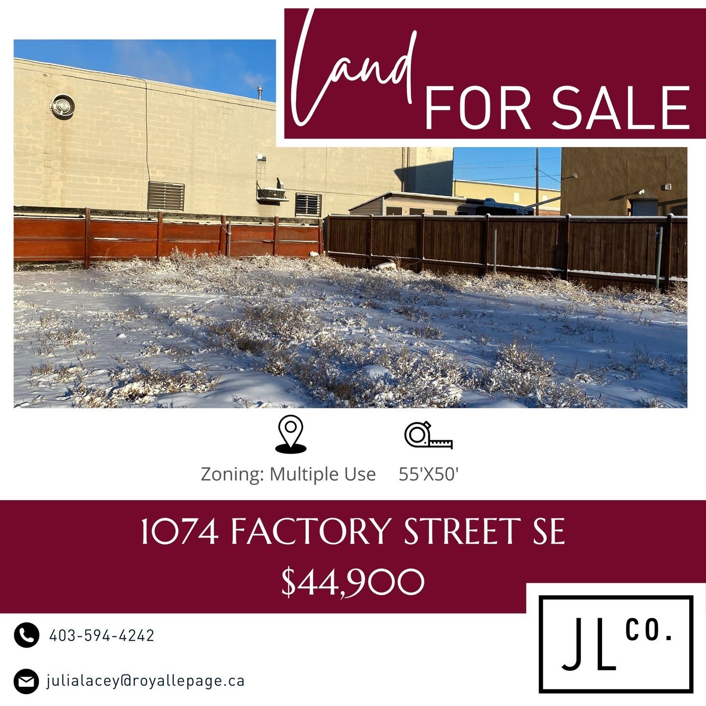 ✨ Mixed-Use Land for Sale! 

1074 Factory Street SE
$44,900
A2081972

Seize the opportunity to own a 55x50 piece of land with endless possibilities! 
Explore a diverse range of options:

🛒 Retail &amp; consumer services
🏗️ Shop
🏥 Health care facil
