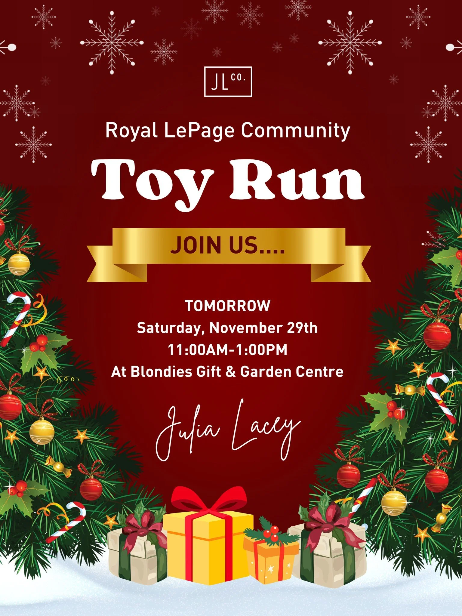 &gt;&gt;EVENT REMINDER&lt;&lt;

Join us for our Annual Royal Toy Run 
TOMORROW - Saturday, November 29th 
11 AM to 1 PM at Blondies Gift &amp; Garden Centre.

🎅 Free photos with Santa
🍪 Cookie decorating
🎨 Crafts and colouring
☕ Hot chocolate
😊 F