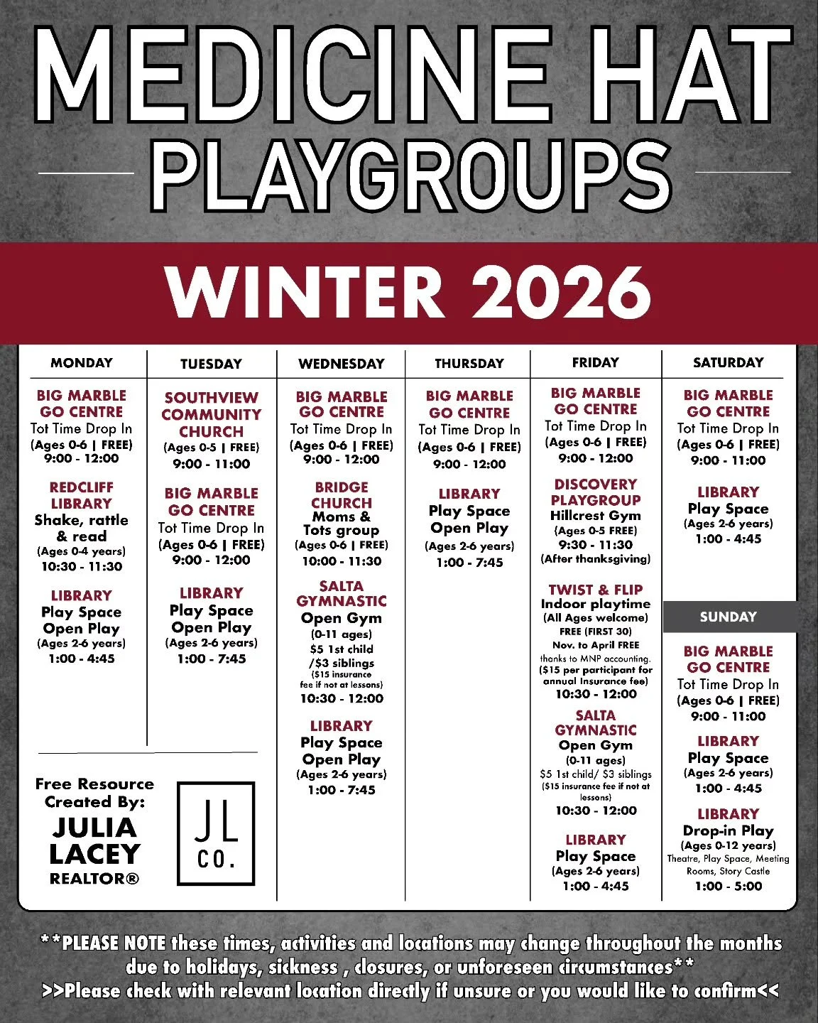 Happy Monday, everyone. While we&rsquo;ve enjoyed a beautiful start to 2026.... we felt now was the perfect time to share this updated playgroup schedule with you ❤️

As a busy mom of two young girls, I know how valuable it is to have simple, local r