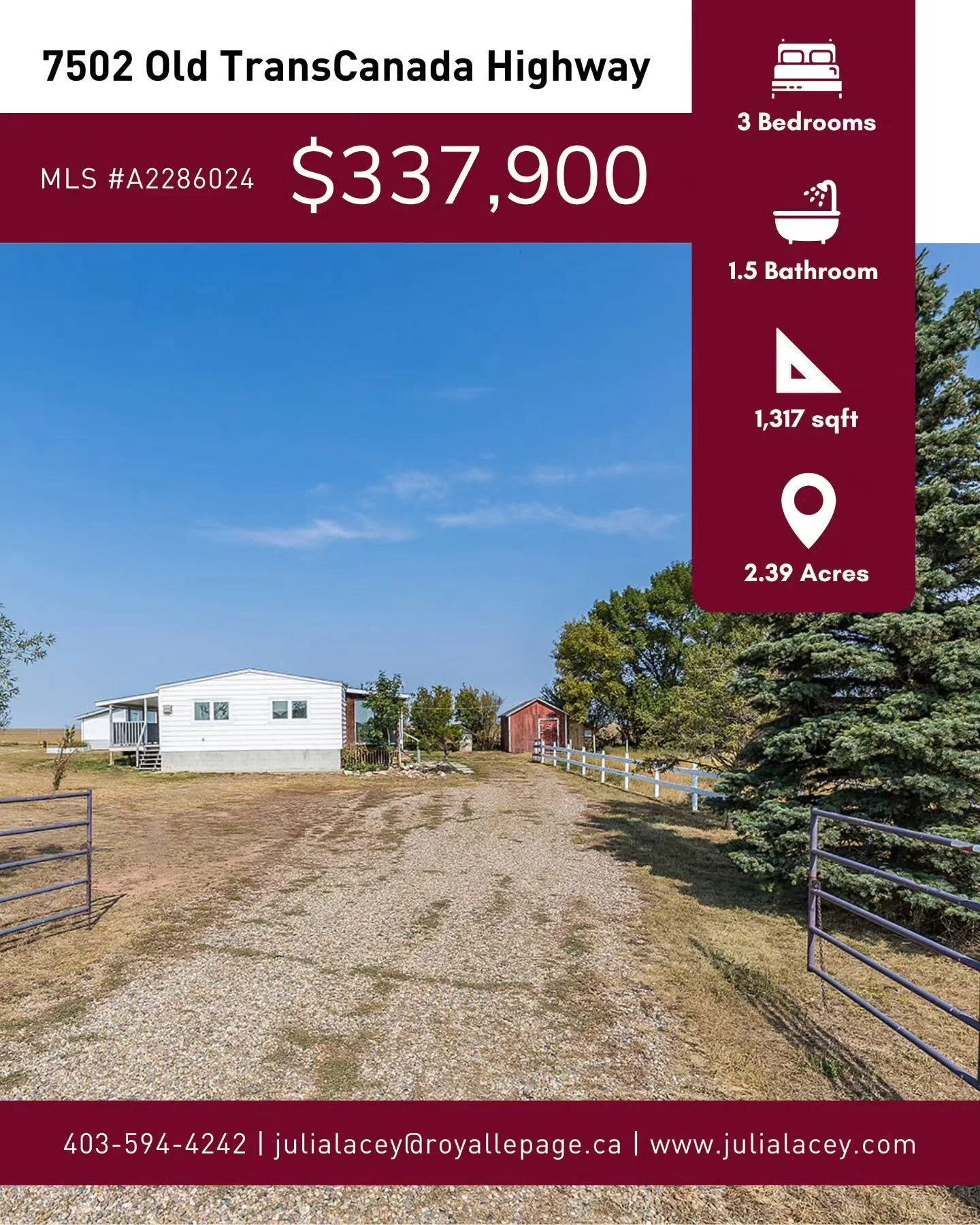 ✨ Just Listed at a reduced price ✨

7502 Old TransCanada Highway | $337,900
2.39 acres just 10 minutes from the city.
3 bedrooms, 1.5 baths, refreshed and move-in ready, plus barn, sheds, and horse pens.

Peaceful prairie living is more attainable th