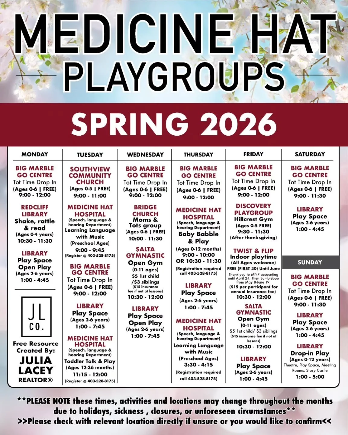 With spring officially here and the warmer days ahead, we thought this was the perfect time to share an updated playgroup schedule.

As a busy mom of two young girls, I know how valuable it is to have simple, local resources for families. Natalie and