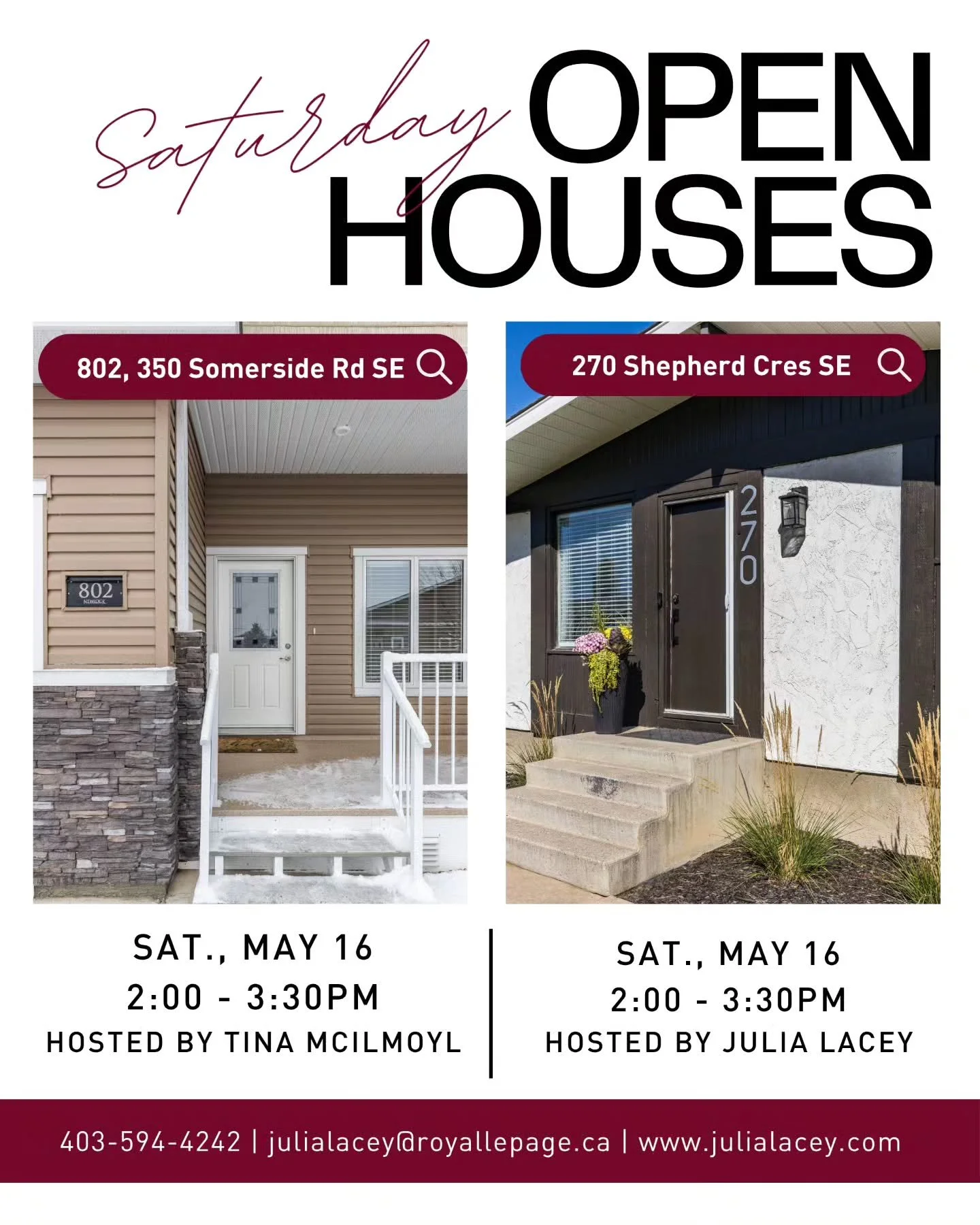 As we head into a long weekend, mark your calendar for
Not one, but two open houses happening this saturday 
....
Two different homes, two chances to find the perfect fit.

📍 802, 350 Somerside Road SE - 2:3:30
📍 270 Shepherd Crescent SE - 2-3:30

