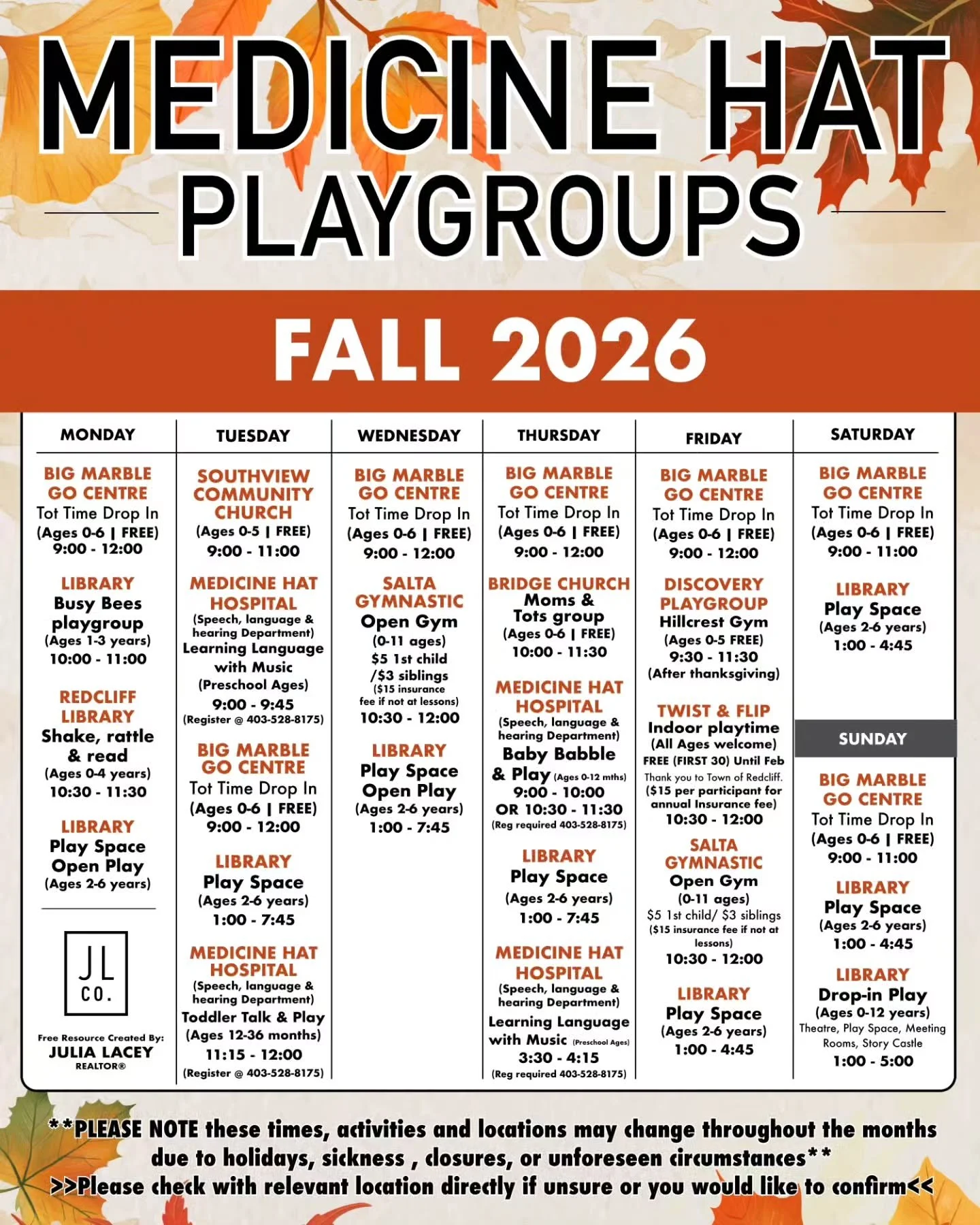 🍂 Happy first day of FALL 🍂
And what better way to kick off the season than with our updated playgroup schedule!

We&rsquo;ve put everything together so you have all the details in one easy place. Here it is....

Thanks to:
Medicine hat public libr