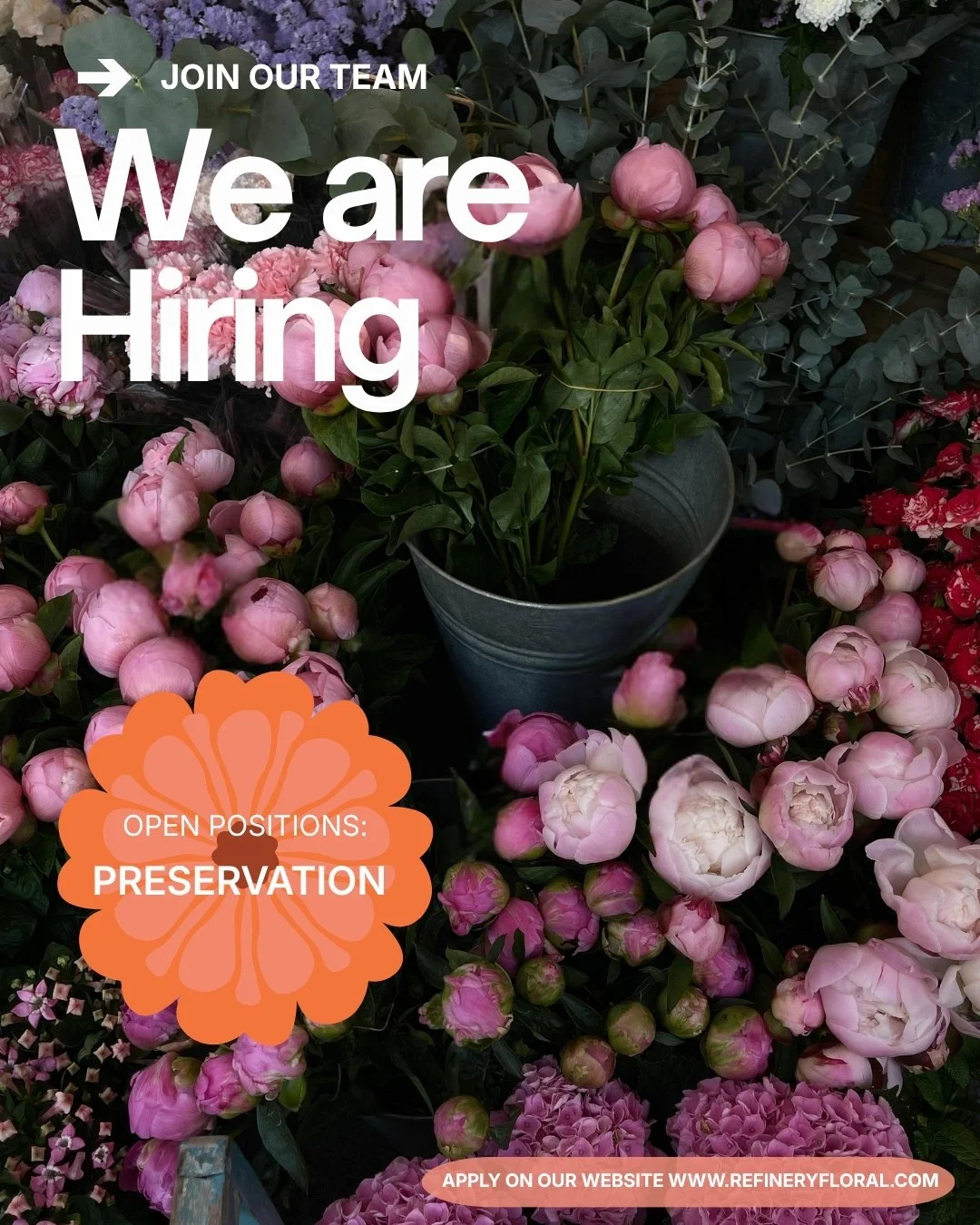 🌸 We're Hiring! 🌸

Refinery Floral is looking for a new team member to join our Preservation Team.

If you're detail-oriented, enjoy working with your hands, and appreciate the care and craftsmanship that goes into preserving wedding flowers and ot