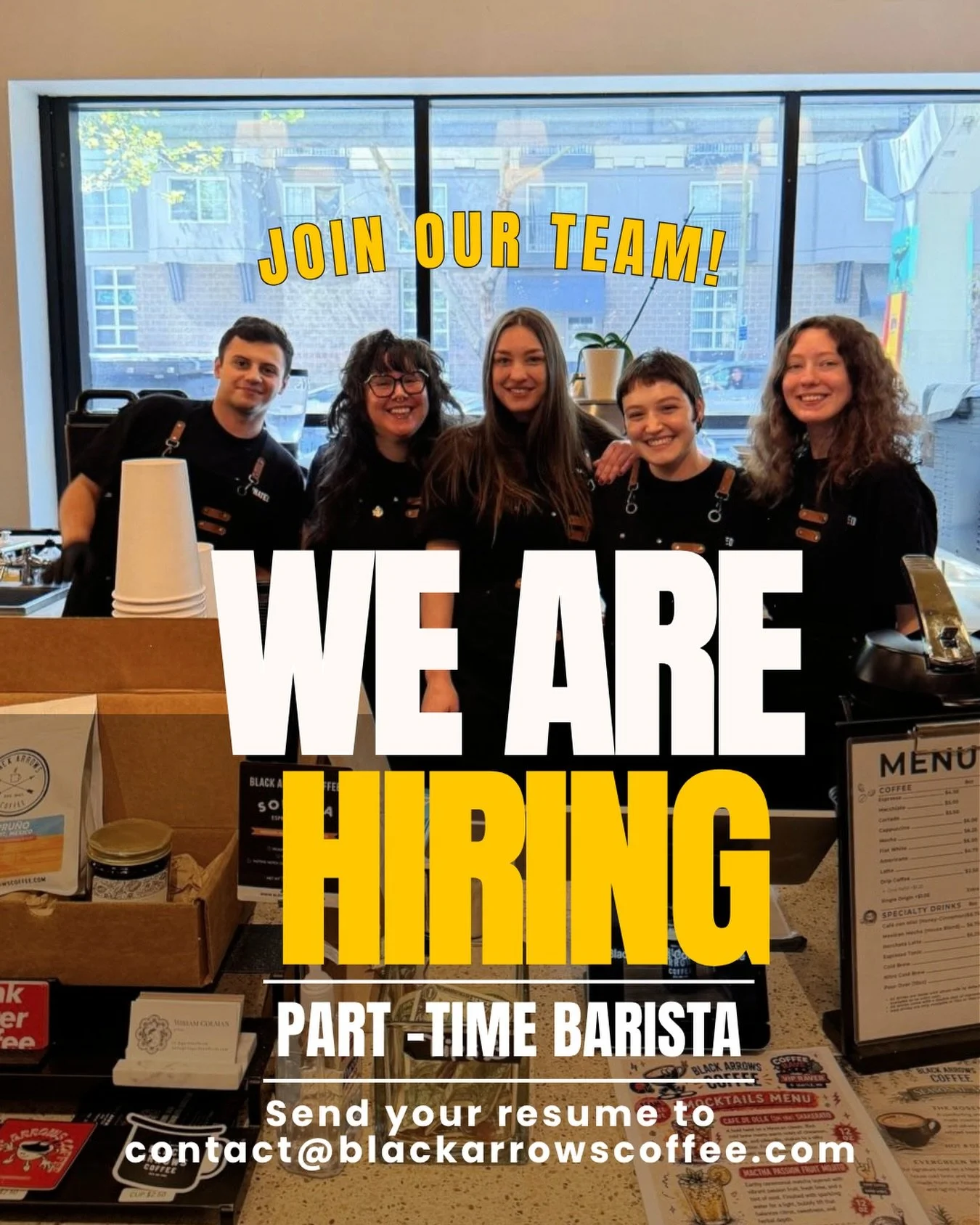 Hey guys ☕️ we&rsquo;re hiring!

We&rsquo;re looking for a part-time barista for our closing shift 👀

If you love coffee and enjoy working in a fun, fast-paced environment, we&rsquo;d love to hear from you.

Send your resume to contact@blackarrowsco