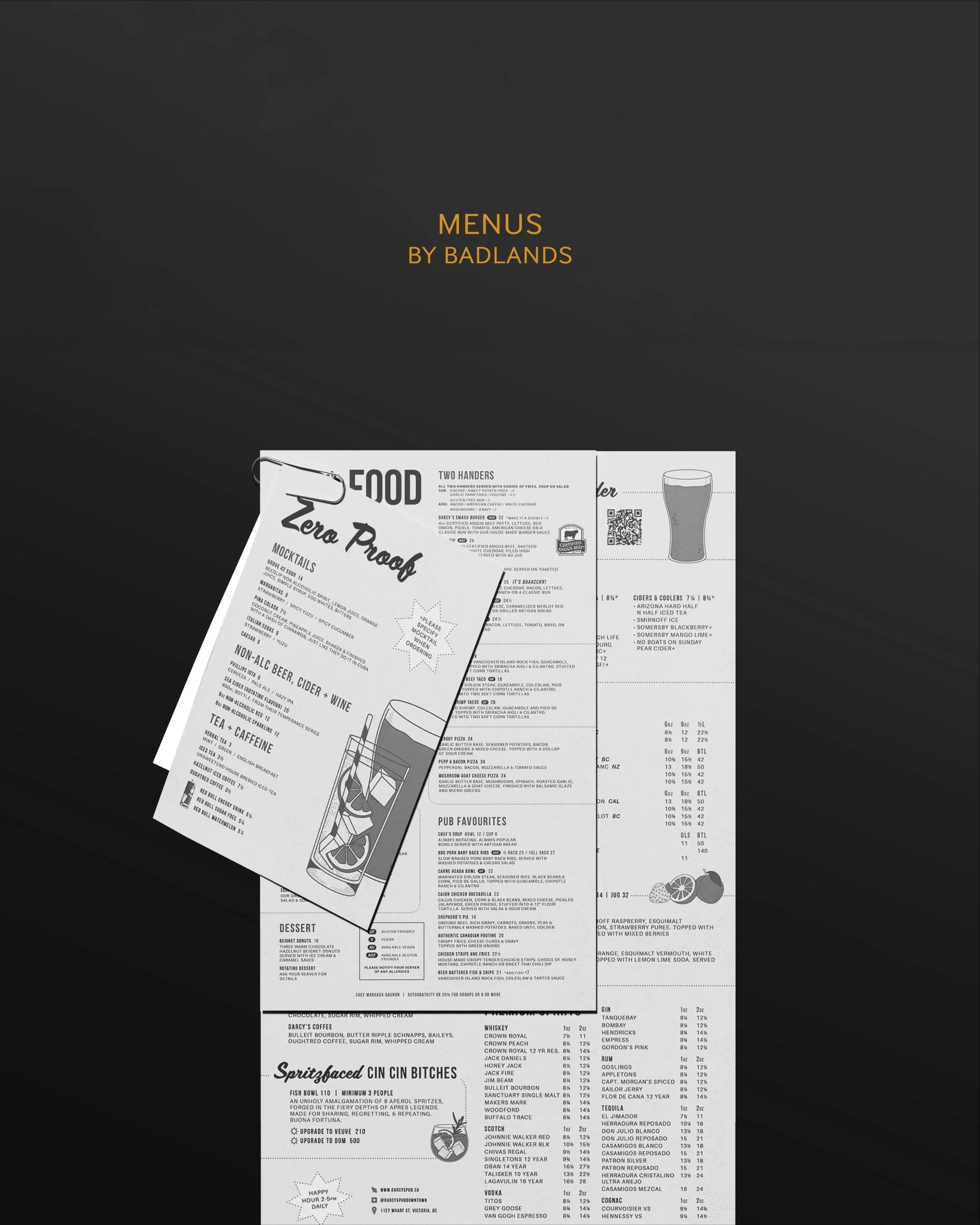 A collection of menus designed by Badlands over the past year.

From neighbourhood pubs to cafeterias to mountain restaurants, every menu is built to reflect the brand while making it easy for guests to find what they&rsquo;re looking for.

Which one