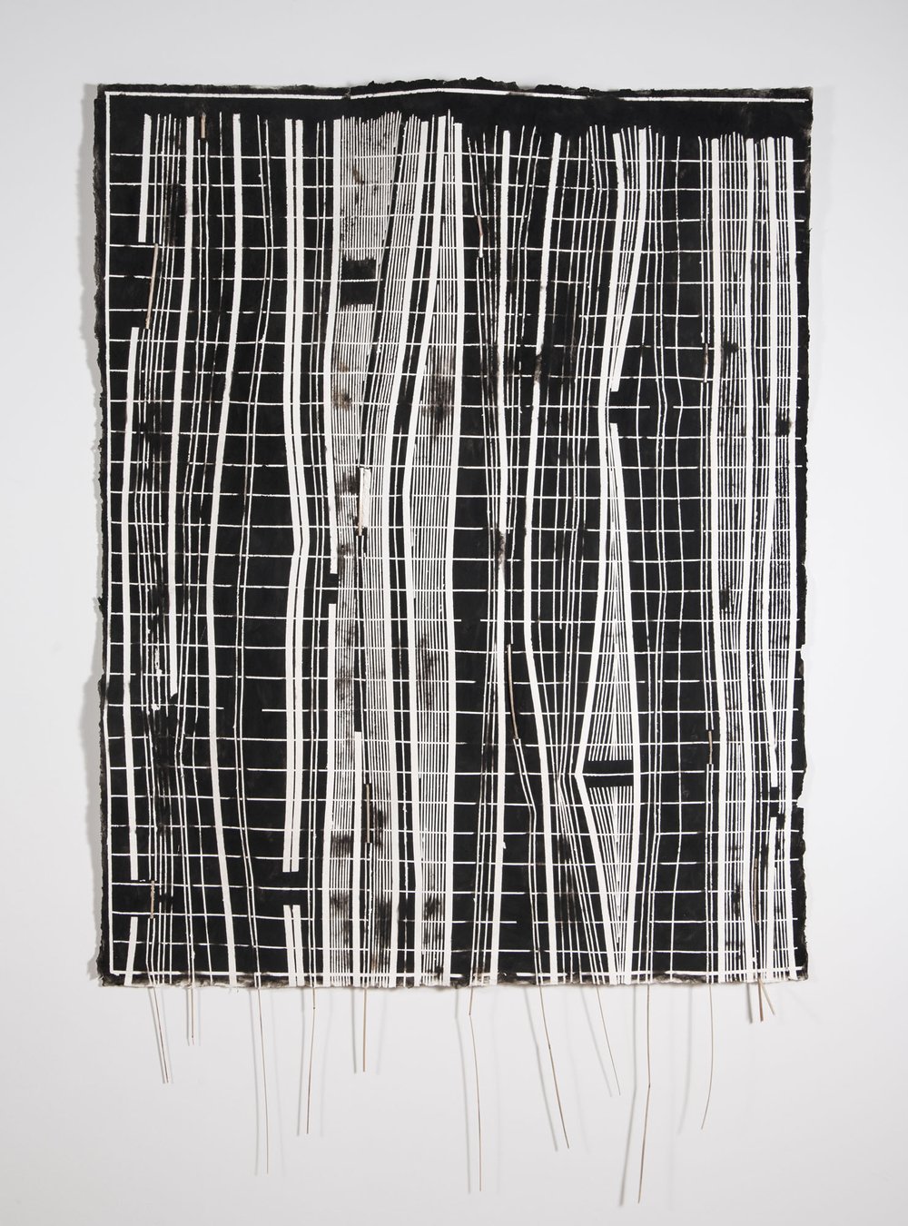   Christine Howard Sandoval    Ignition Pattern 1: Density,  2023 Soot, bear grass, handmade paper 74 × 48 × 2 inches 