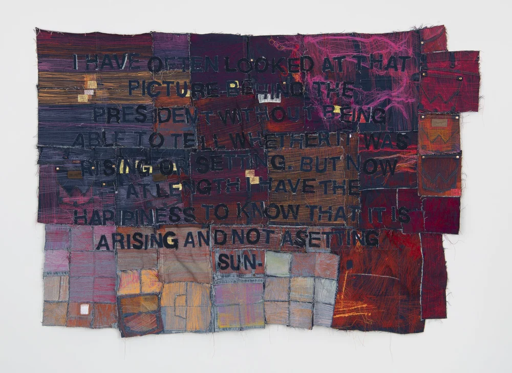  Ali Dipp   It’s Morning in America (Benjamin Franklin - Constitutional Convention 1787) , 2023 manual stitch on denim 50-1/4 x 72-1/2 inches 