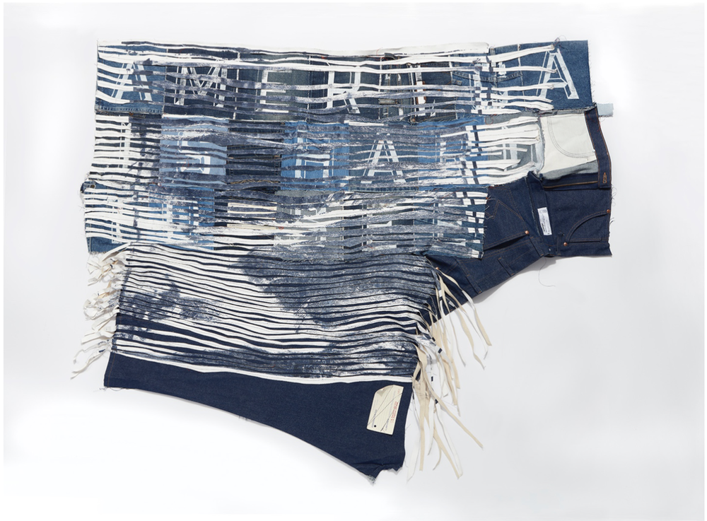  Ali Dipp   Niagara (1857–For Frederic E. Church) , 2022 manual stitch on denim and screen-printed images on canvas interlaced 48 x 60 inches 