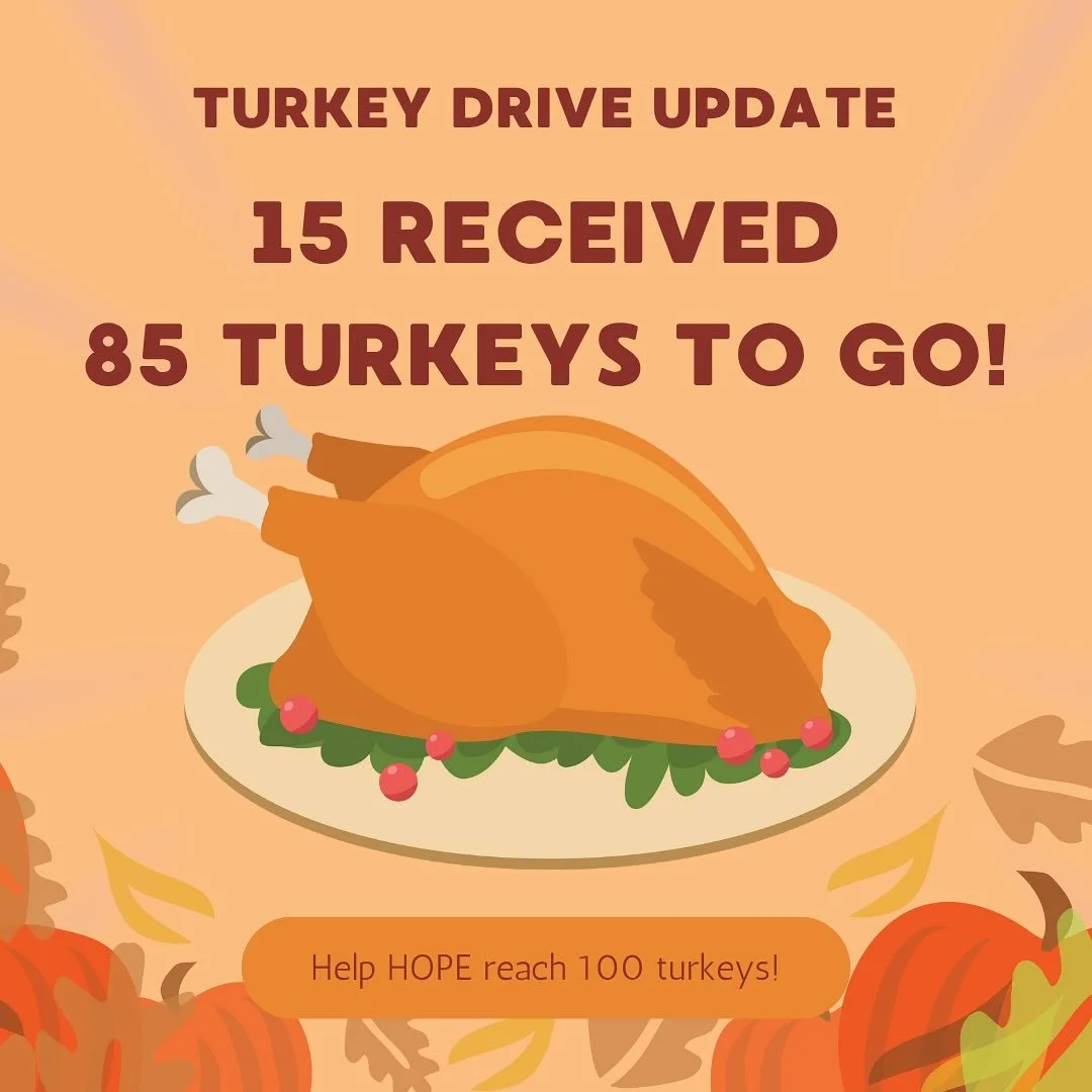 Thank you to everyone who has donated a turkey so far to HOPE&rsquo;s holiday turkey drive! We appreciate the quick response and the 15 turkeys that were delivered to HOPE yesterday. 85 turkeys to go! Thank you for any help you can provide. Frozen tu