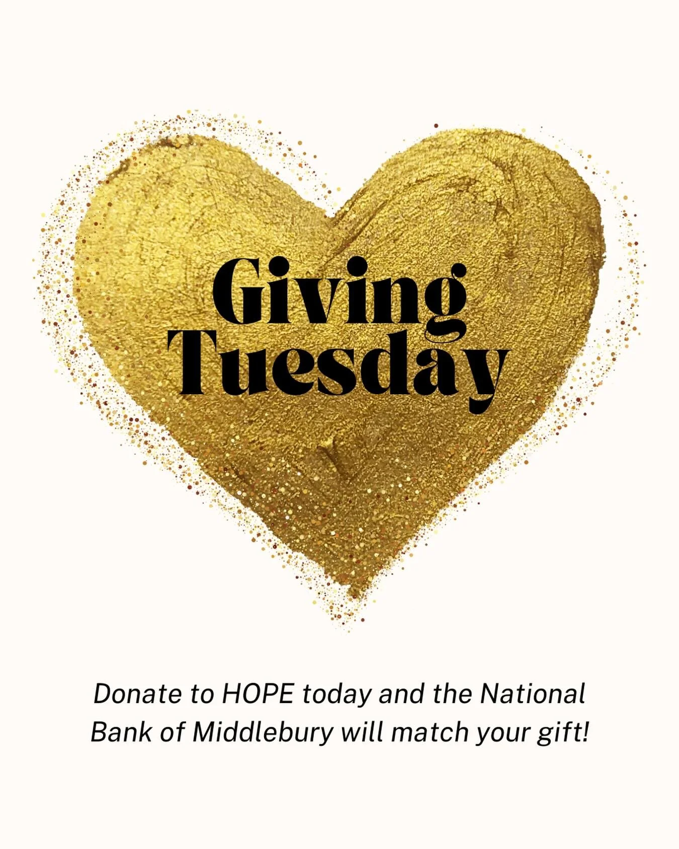 It&rsquo;s Giving Tuesday! Thanks to the National Bank of Middlebury, the impact of your gift to HOPE will be doubled today.  The Bank has generously offered to match up to $2,500 in donations made to HOPE today, Tuesday, December 2. If you are consi
