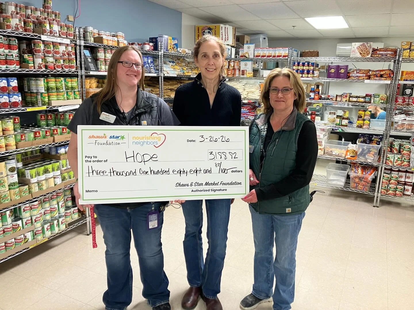Surprise!
Penny and Tory from Shaw&rsquo;s in Middlebury stopped by today to present a very generous check to HOPE&rsquo;s food shelf. People shopping at Shaw&rsquo;s can contribute to Shaw&rsquo;s Nourishing Neighbors program on the keypad at checko