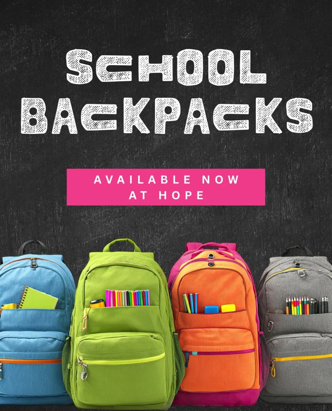 HOPE just received a large supply of school backpacks from the United Way of Addison County for elementary through high school aged students. If your family needs a little help outfitting your kids for the start of the school year, please stop by HOP