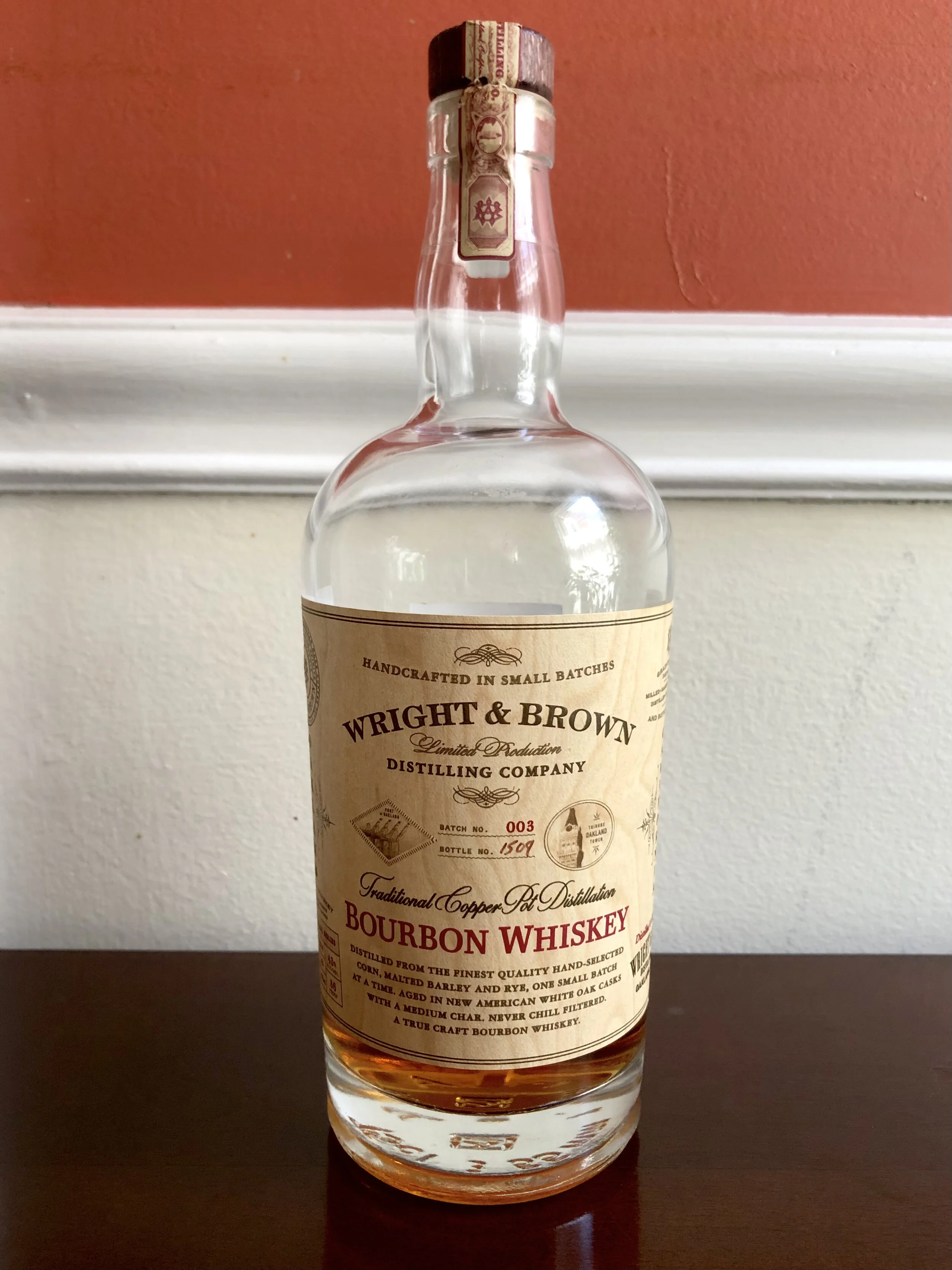 CALIFORNIA Wright & Brown Distilling Company, Traditional Copper Pot Distillation Bourbon Whiskey,  Batch #003, (Oakland, CA) 43% ABV   Draft 12