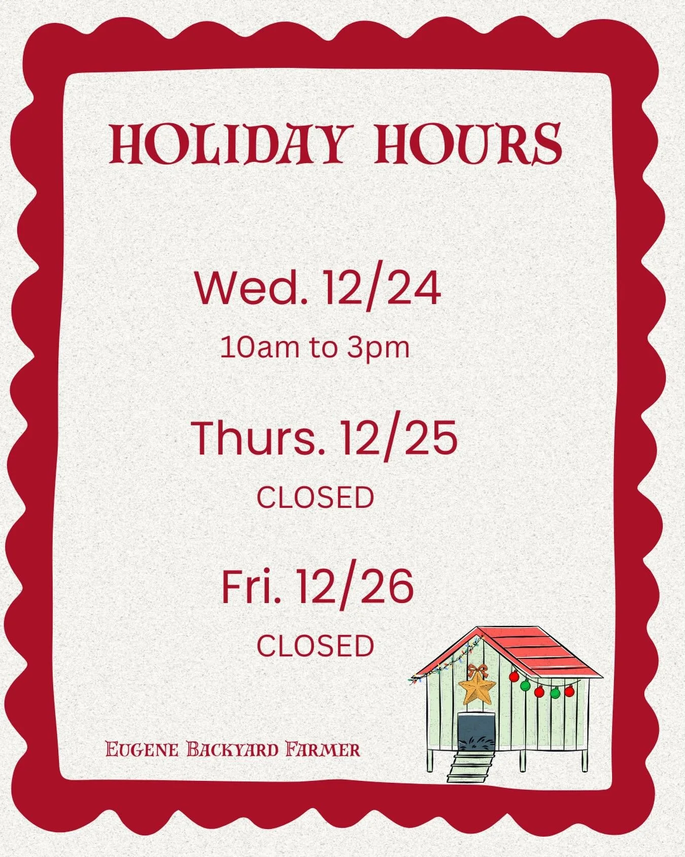 We&rsquo;ll be closing early on Wednesday, and fully closed Thursday and Friday. Happy Holidays from your friends at Backyard Farmer! 🎄