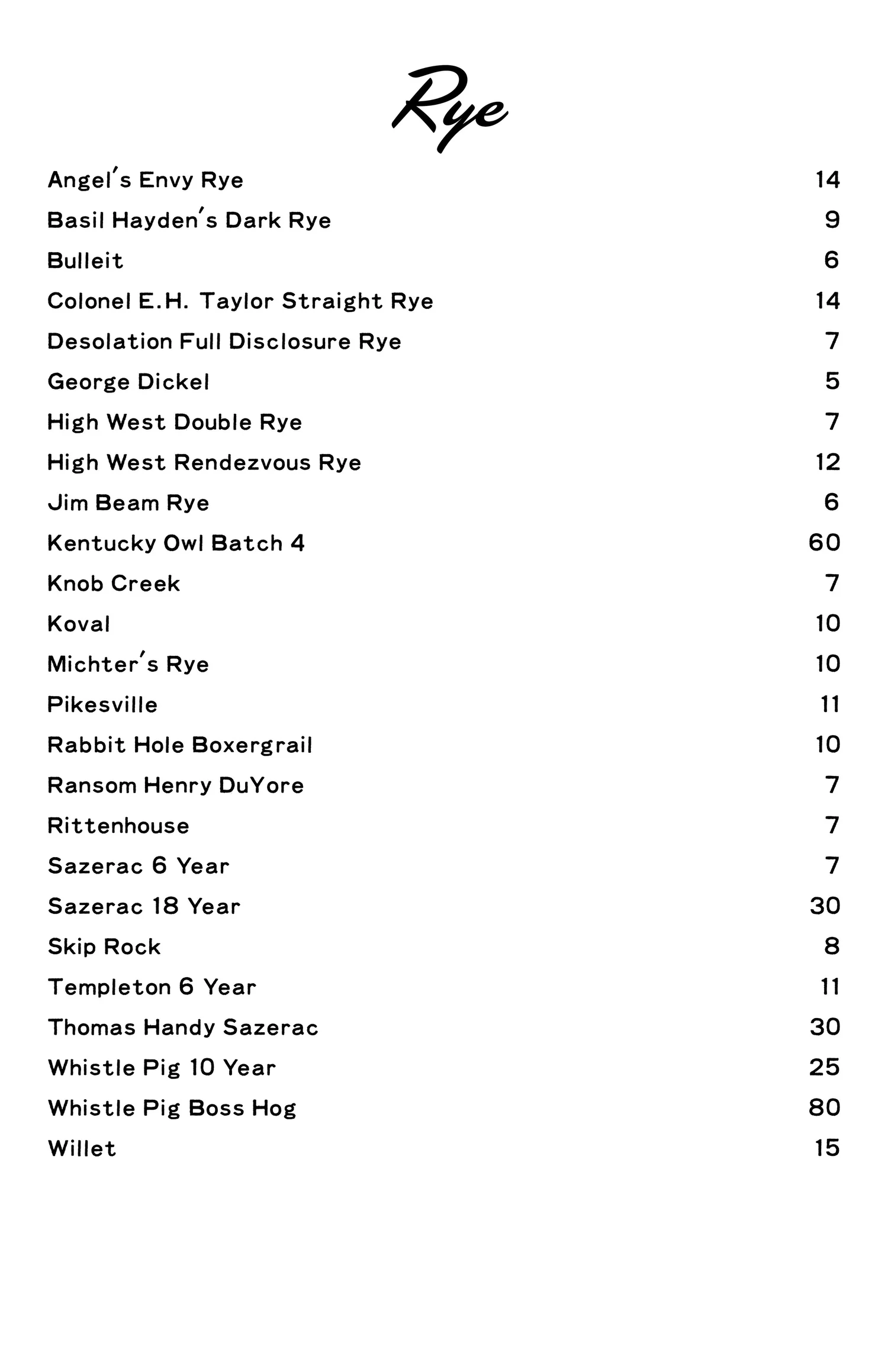 Spirits List — Bar X