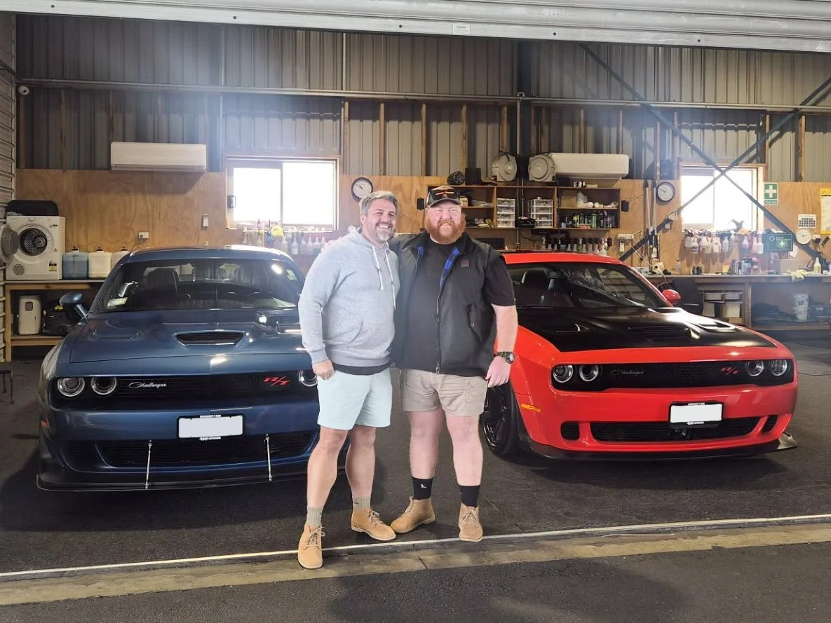 Big congratulations to Wall Co Limited business partners Kalie and Verner, the proud new owners of a matching pair of 2020 Dodge Challenger Scat Pack Widebodies! 

There's no better place to make a statement than at New Zealand's largest American car