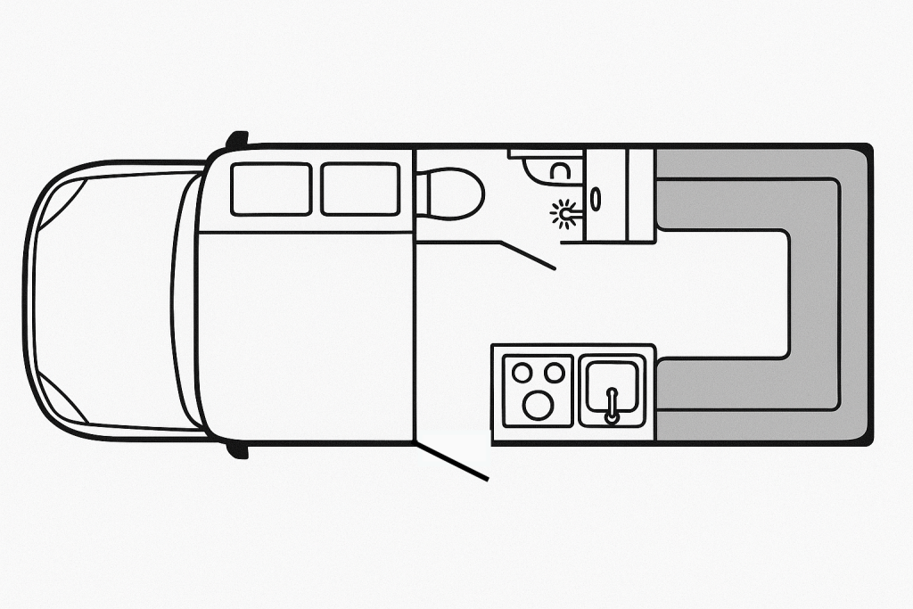 Top-down floor plan of a camper van showing a seating area, kitchen with stove and sink, bathroom with toilet and shower, and sleeping area with bed.