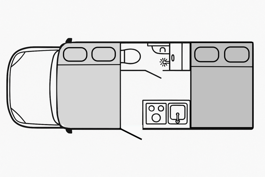 Top-down schematic of a camper van interior with a bed, kitchen area, and bathroom.