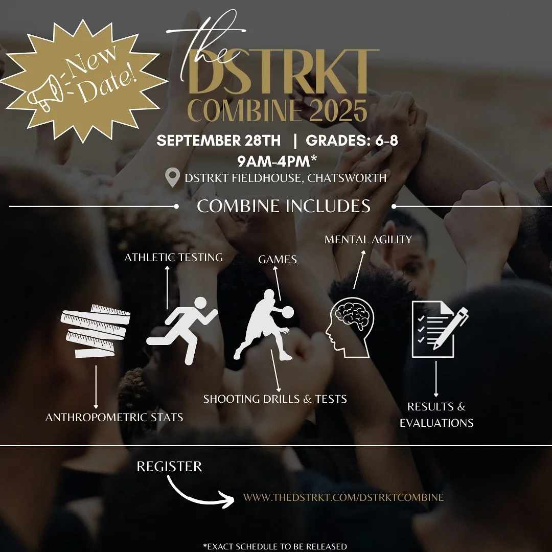 🚨 NEW DATE!!!🚨

The DSTRKT Combine is officially rescheduled! 🏀 Middle school athletes will now take the court on:

📅 Sept 28, 2025
📍 The DSTRKT Fieldhouse

Athletes will showcase their speed, skills, and strength through performance testing, ba
