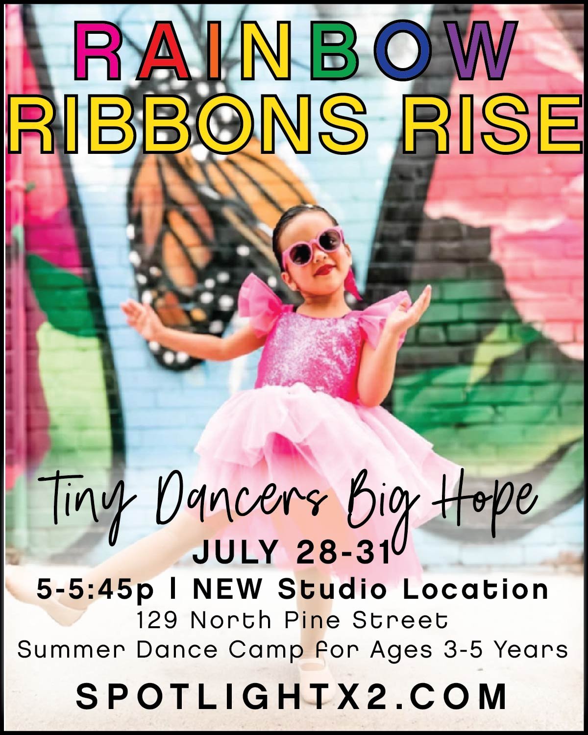 T I N Y &bull; D A N C E R S 🎗️ B I G &bull; H O P E
Calling all preschoolers for Rainbow Ribbons Rise 💝 a summer dance camp for students ages 3-5 years.
&mdash; &mdash; &mdash; &mdash; &mdash; &mdash; &mdash; &mdash; &mdash;
Rainbows Ribbons Rise
