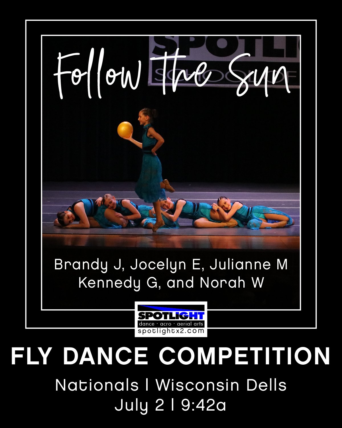 T I C K E T 🎟 T O 🎟 N A T I O N A L S
CONGRATULATIONS and Best of Luck to our six dancers who are headed to Fly Nationals Dance Competition in Wisconsin Dells this week! 🤸&zwj;♀️👏

SMALL GROUP &bull; JUNIOR LYRICAL
🎶 Follow the Sun
📆 Tuesday, J