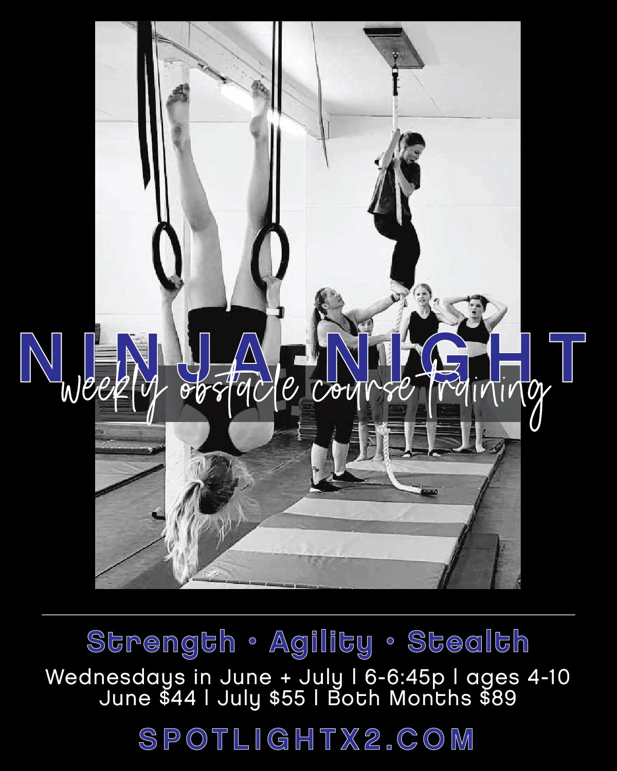 N I N J A 🥷 N I G H T
EVERYTHING IS AWESOME! 💥 Ninja Night is 45 minutes of fun acrobatics combined with obstacle courses and parkour training. 🤸&zwj;♀️🏋️&zwj;♀️ Students develop strength and agility while practicing skillful spins, rolls, jumps 