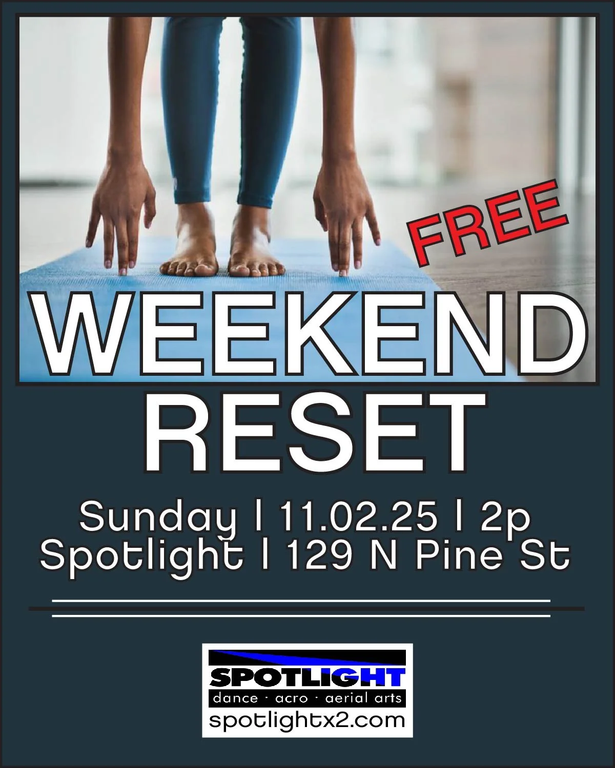w e e k e n d • r e s e t
a low-intensity, posture improving, gift to yourself—FREE!! 🎁
📆 Sunday | 11.02.25
⏰ 2-2:45p
📍 Spotlight | 129 N Pine St
🆓 FREE!
Rest doesn't always look like sitting or sleeping; it can come from trying a ne