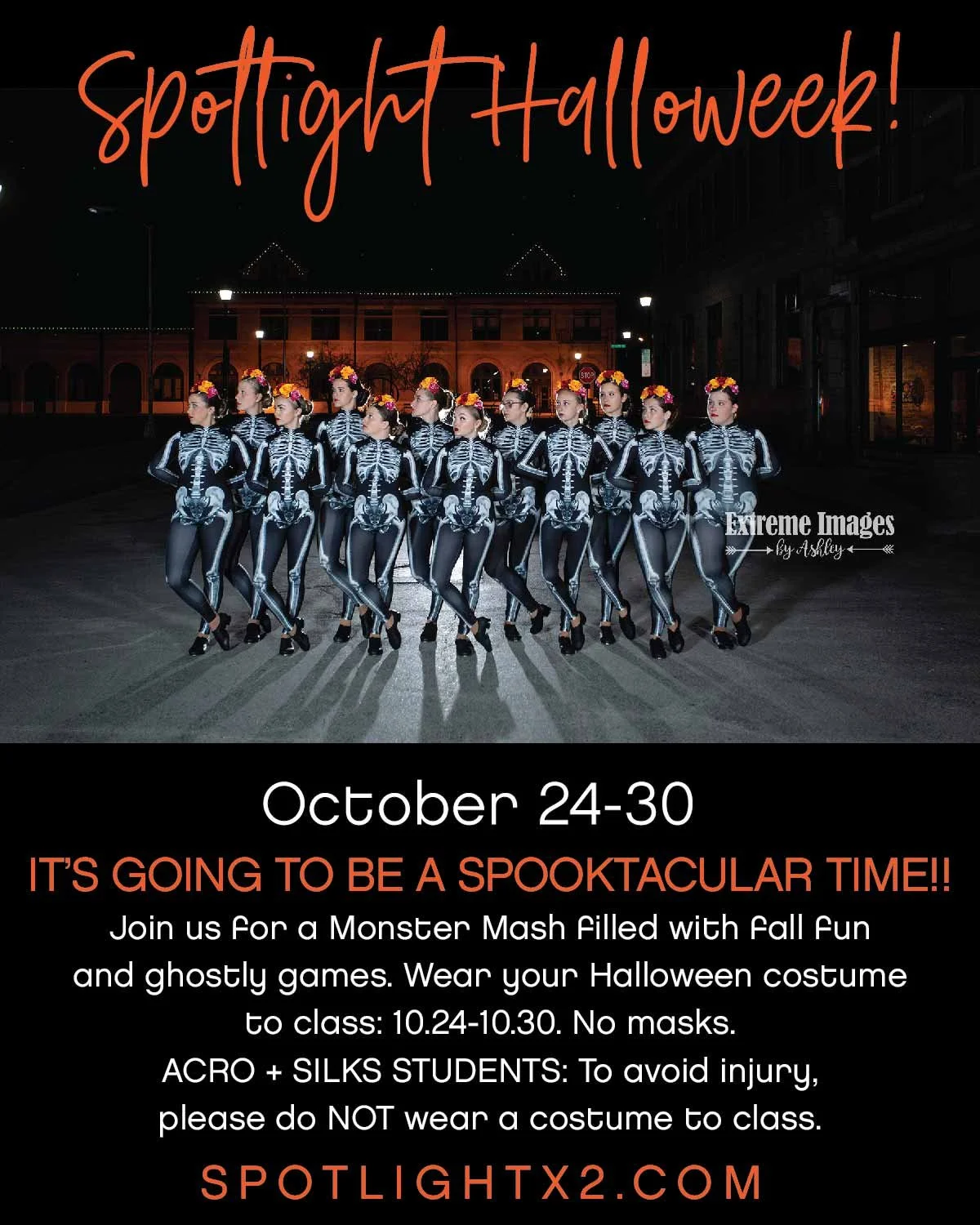 h a p p y 🎃 h a l l o w e e k
A Spotlight Spook-tacular! 👻☠️
Dancers: wear your Halloween costumes to class this week. 
• 🤡 • 🤖 • 🦸‍♀️ • 🦄 • 👩‍🎤 •
📸 Extreme Images by Ashley
#happyhalloween 
#trickortr