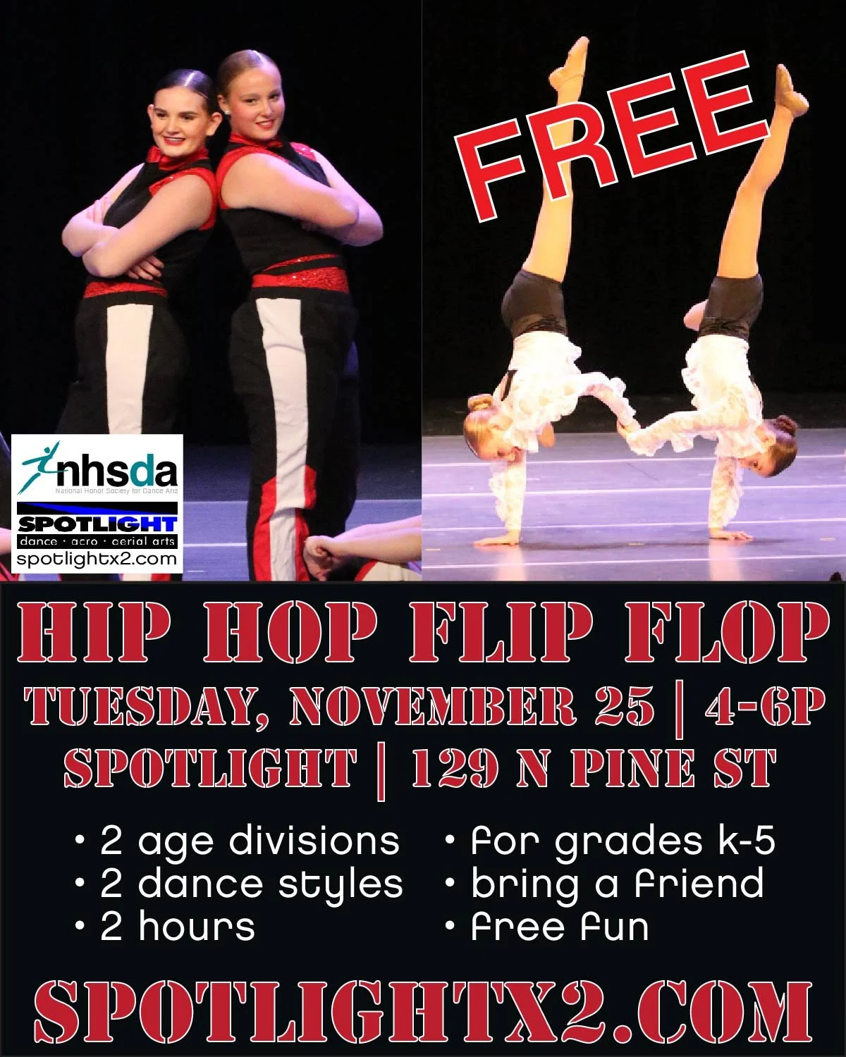 h i p &bull; h o p &bull; f l i p &bull; f l o p
Straigh outta Spotlight! 

Wuz up, K-5 dancers? 💥This event is for you, and it is absolutely FREE!
📆 11.25.25
⏰ 4-6p
📍 Spotlight | 129 N Pine St
🔖 FREE!

2️⃣ hours of non-stop action! Our NHSDA stu