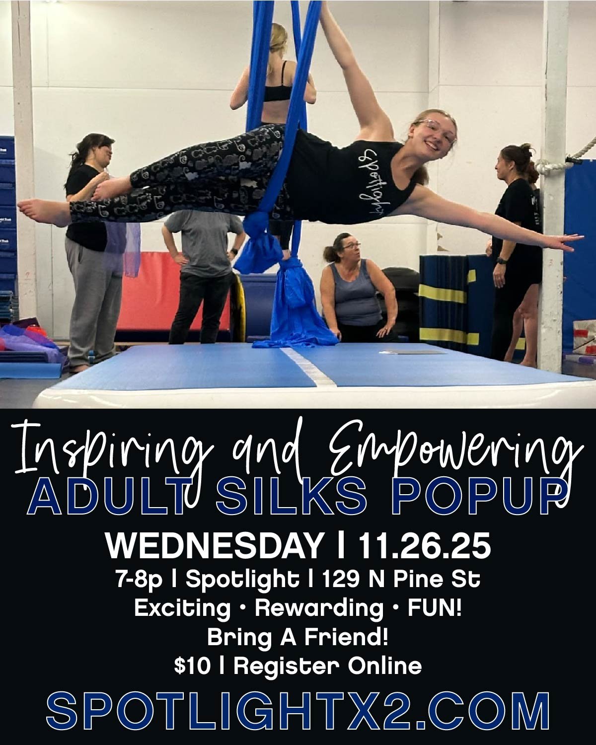 P O P U P 🚀 A D U L T 🚀 S I L K S
✨ Thanksgiving Eve Silks PopUp Class! ✨

Calling all alumni and adults! 🤩 Ready to kick off Thanksgiving with a fun, fresh memory? 🍂🤸&zwj;♀️Join us for a special Silks Pop-Up Class the night before the big feast