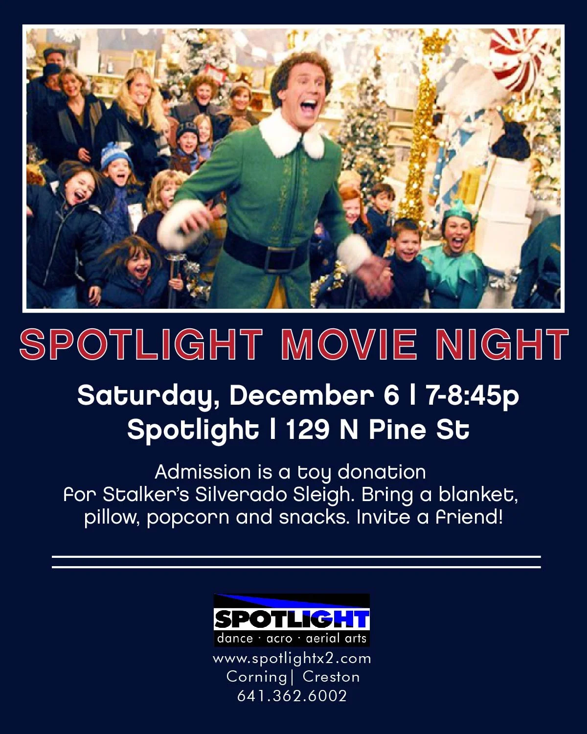 S A N T A 🎅 I &bull; K N O W &bull; H I M
Buddy says the best way to spread Christmas Cheer is singing loud for all to hear! 🎶 We think it's fun to watch classic Christmas movies, too!🎄📽

📢 Hey there Dance Parents
💘 Schedule Date Night
🎬 Spotl