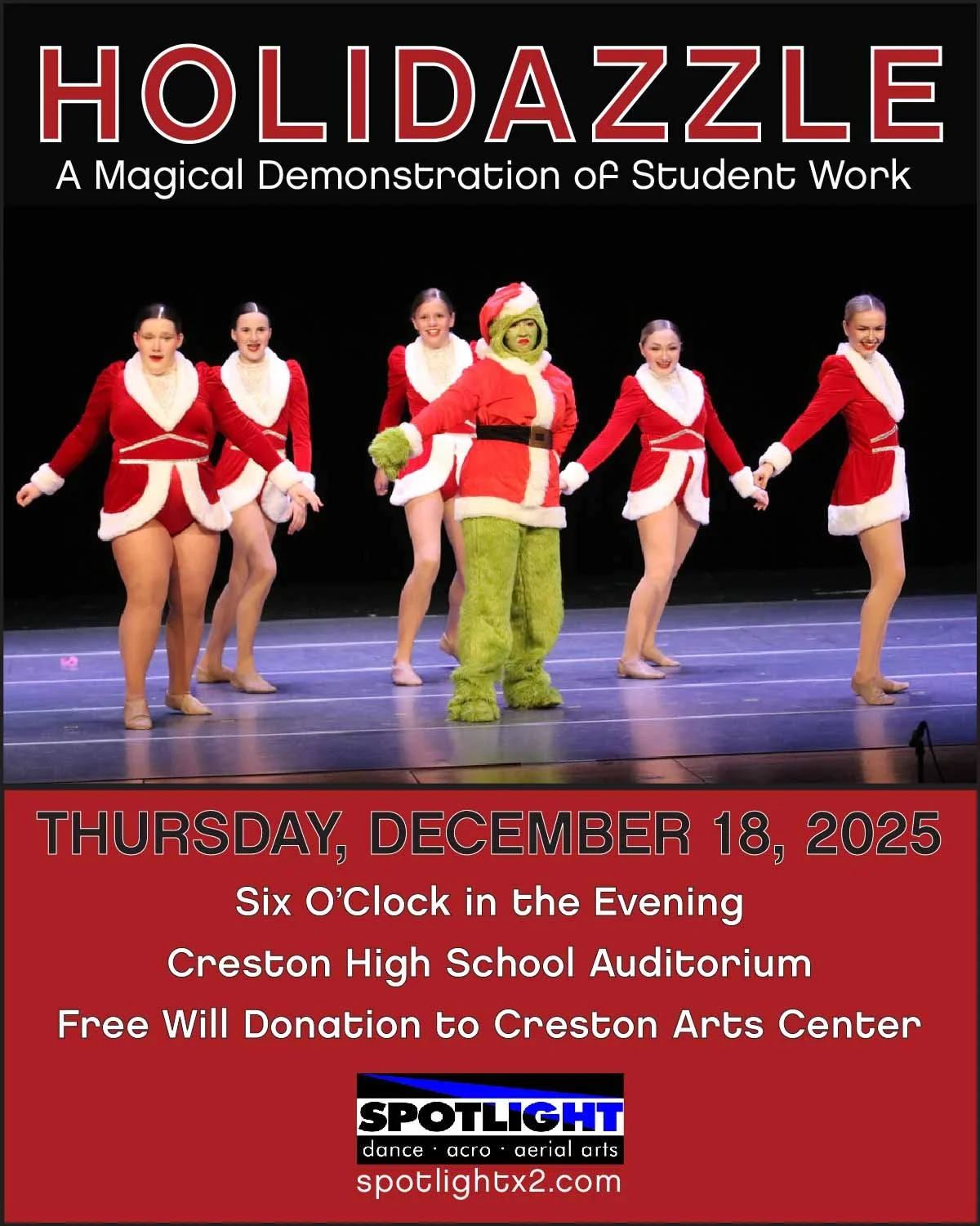 🎄🎁 H O L I D A Z Z L E 🎁🎄
A Magical Demonstration of Student Work
🎶🎀🎶🎀🎶🎀🎶🎀🎶🎀🎶

Join us for a glittery night of holiday performances from our talented dancers at Holidazzle! 💃☃️
📆12.18.25
⏰ 6p
📍 Creston High School
🎟 Admission is a 