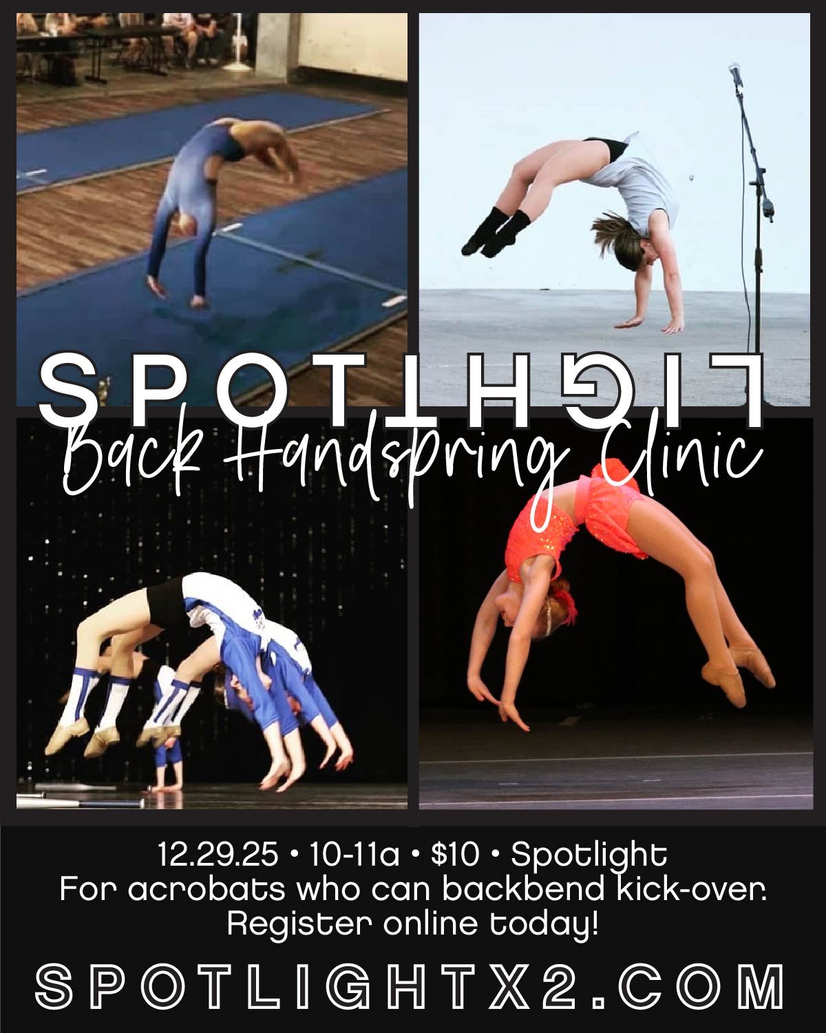 W I N T E R ❄ B R E A K ❄ P O P U P S

b a c k 🤸 h a n d s p r i n g 🤸 c l i n i c
📆 12.29.25
⏰ 10-11a
📍 Spotlight &bull; 129 N Pine St
🔖 $10 
✅ for acrobats who can backbend kick-over

 a e r i a l 🤸 c l i n i c
📆 12.31.25
⏰ 10-11a
📍 Spotlig