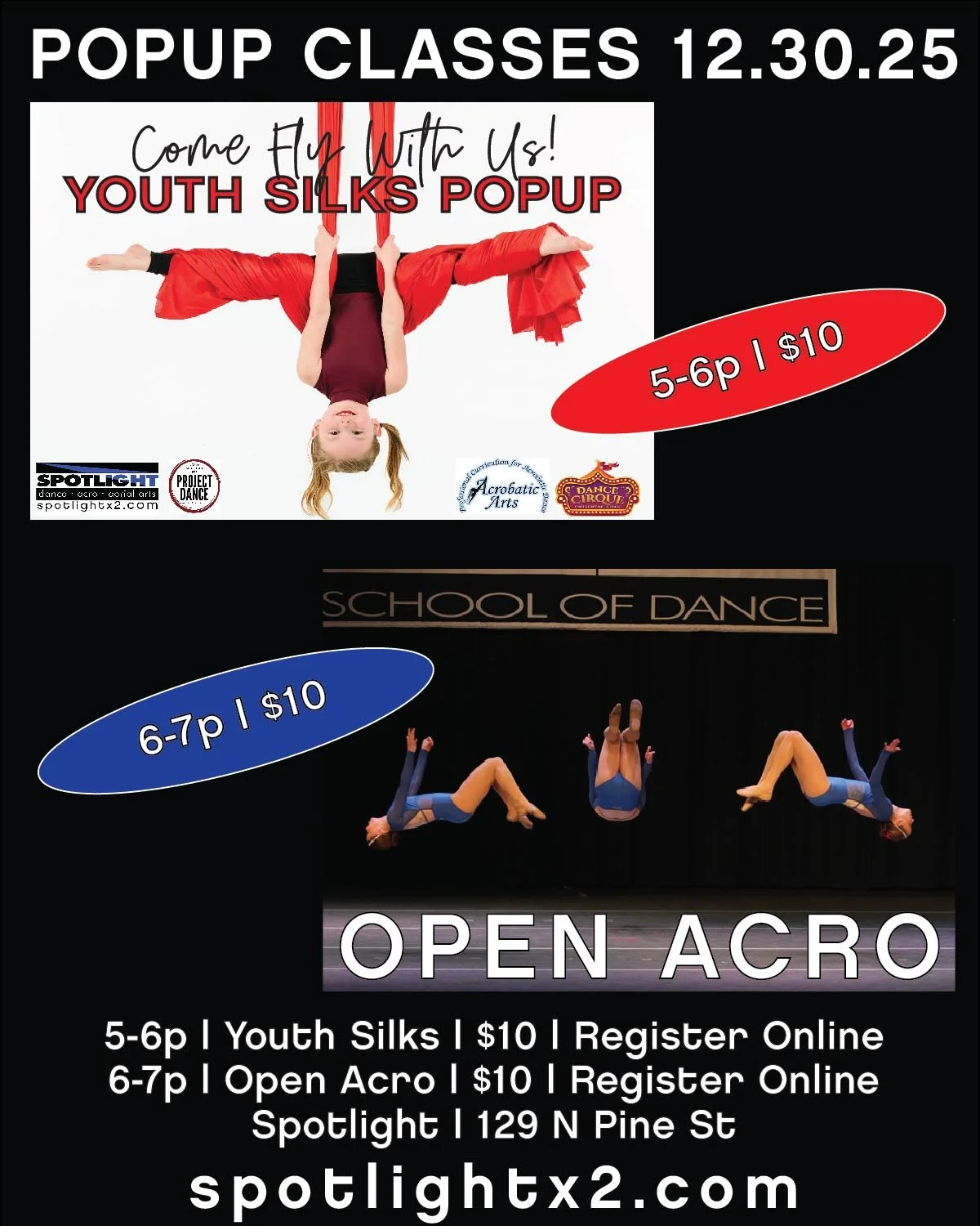 w i n t e r ❄ b r e a k ❄ p o p u p s
Tuesday PopUps with Miss Frog! 🐸
All ages | All levels | All FUN

YOUTH 🪂 SILKS
📆 12.30.25
⏰5-6p 
📍 Spotlight &bull; 129 N Pine St
🔖 $10 &bull; Register Online

OPEN🤸 ACRO
📆 12.30.25
⏰6-7p 
📍 Spotlight &b