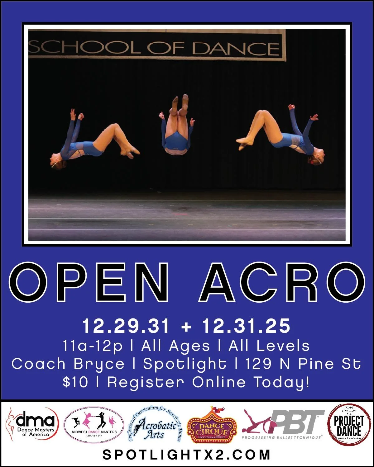 w i n t e r ❄ b r e a k ❄ p o p u p s
OPEN🤸 ACRO
12.29.25 + 12.31.25
11a-12p | $10ea
All Ages | All Levels 
Coach Bryce | Online Registration
#kidsdanceclass 
#tumbletime 
#spotlightx2 
#openacro 
#winterbreak