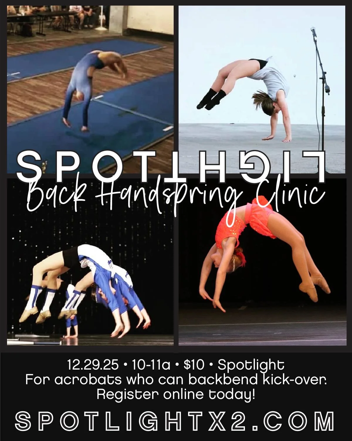 🚨 T H I S ‼️ W E E K 🚨
W I N T E R ❄ B R E A K ❄ P O P U P S

b a c k 🤸 h a n d s p r i n g 🤸 c l i n i c
📆 12.29.25
⏰ 10-11a
📍 Spotlight &bull; 129 N Pine St
🔖 $10 
✅ for acrobats who can backbend kick-over

 a e r i a l 🤸 c l i n i c
📆 12.