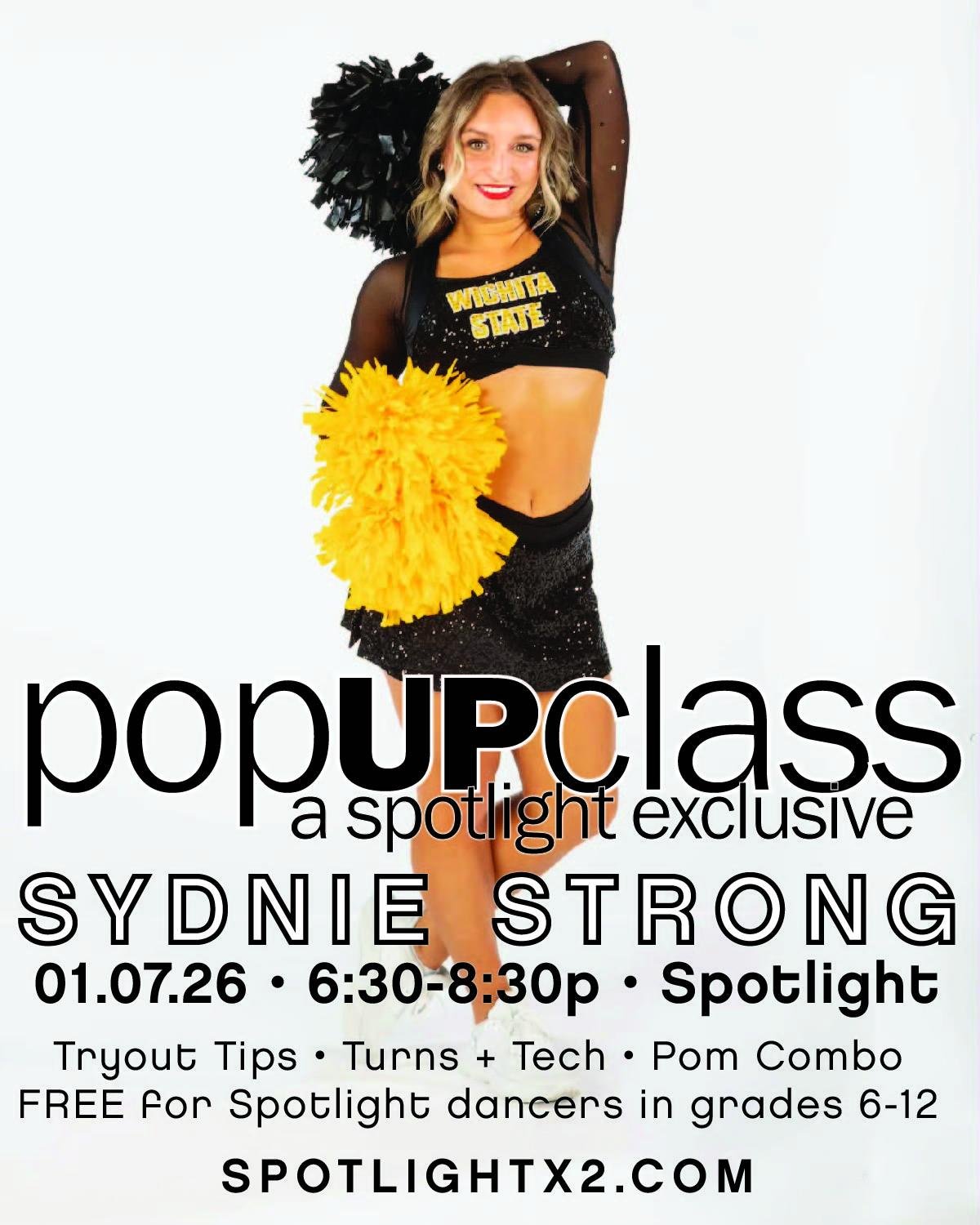 l e v e l ⬆ u p &bull; D 1 E D I T I O N
Spotlight family, this is huge!  We&rsquo;re bringing back Spotlight student and 3rd-year Wichita State Dance Team vet, Sydnie Strong, for an exclusive VIP Master Class! 📣

Get the D1 experience right here in