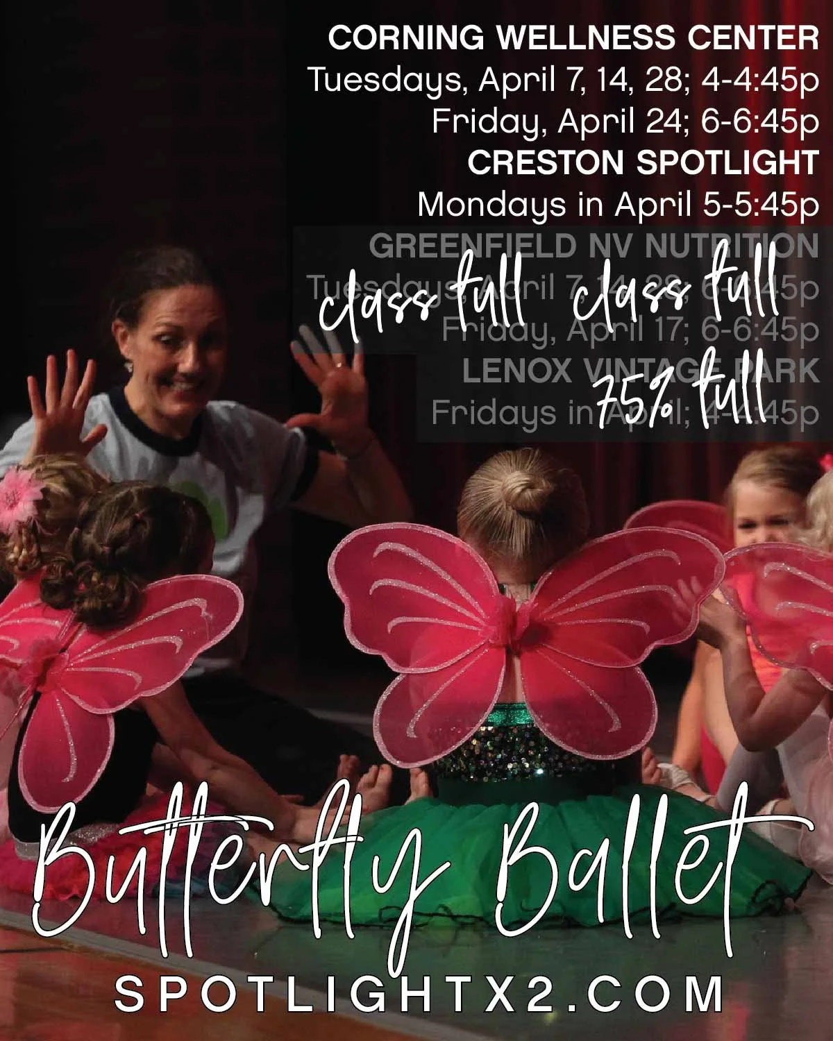 f i l l i n g 💥f a s t

Our BUTTERFLY BALLET 🦋 GREENFIELD class is full, and our LENOX class only has 4 spots remaining. Register before February 15 and save 15%! This magical dance program only happens once a year. 🌱

Watch your Butterfly shine o
