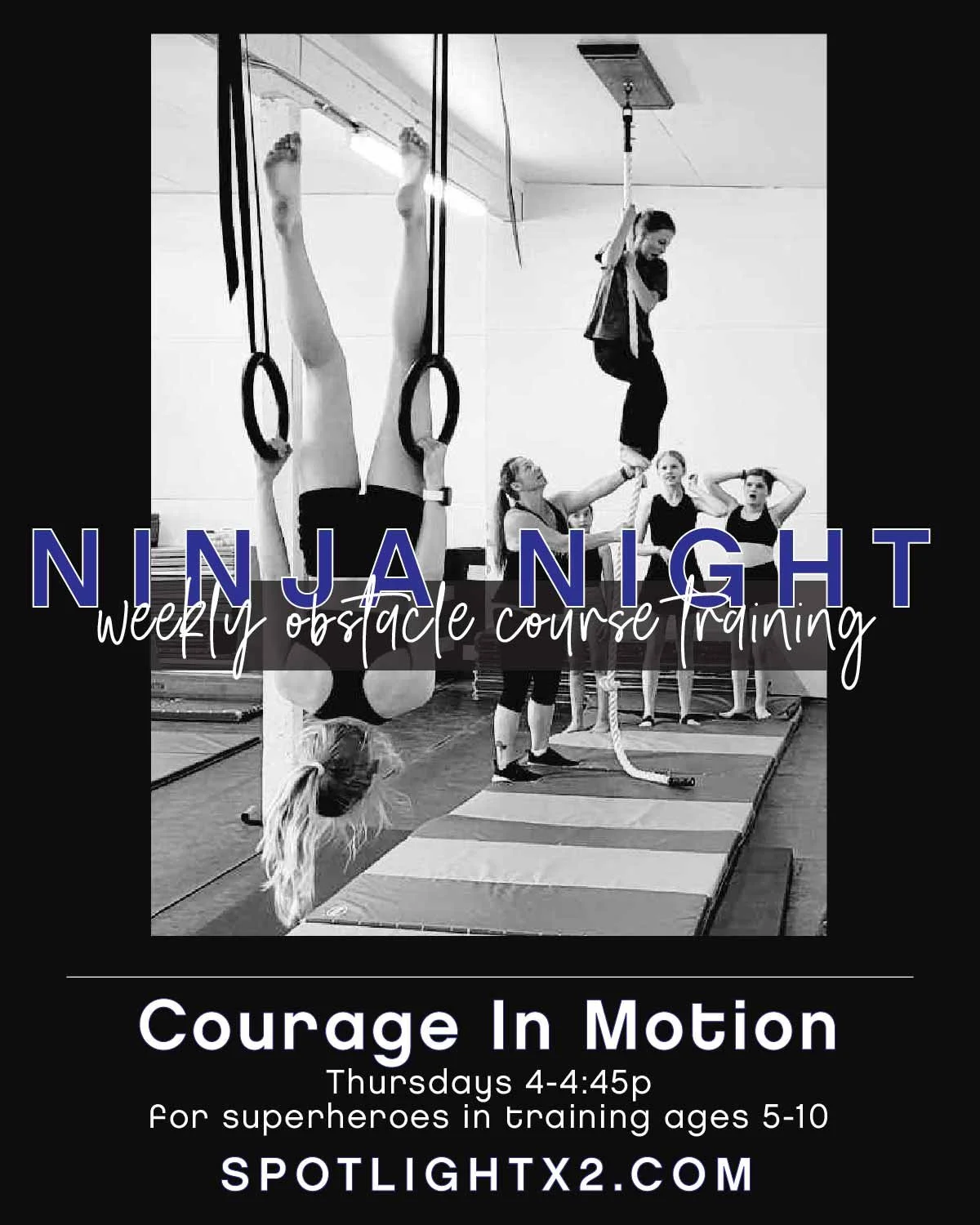 c o n q u e r 🥷 t h e 🥷 c o u r s e
Get ready to jump, roll, and kick! Our Ninja Night class is back and better than ever. It's 45 minutes of action-packed fun where kids put courage in motion and conquer a new obstacle course each week. 🏃🏋🏻&zwj