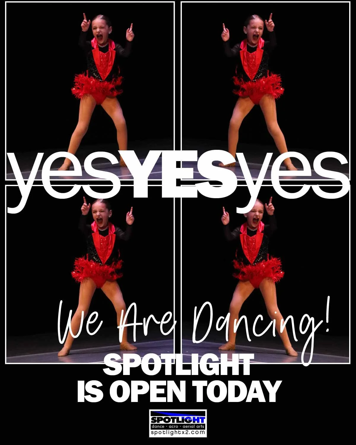 Y E S &bull; Y E S &bull; Y E S
Spotlight is OPEN today! We're dancing at both locations. 🤸
See you on the dance floor! ✨

#kidsdance 
#kidsdanceclass 
#investinkids 
#meetmeonthedancefloor 
#spotlightx2