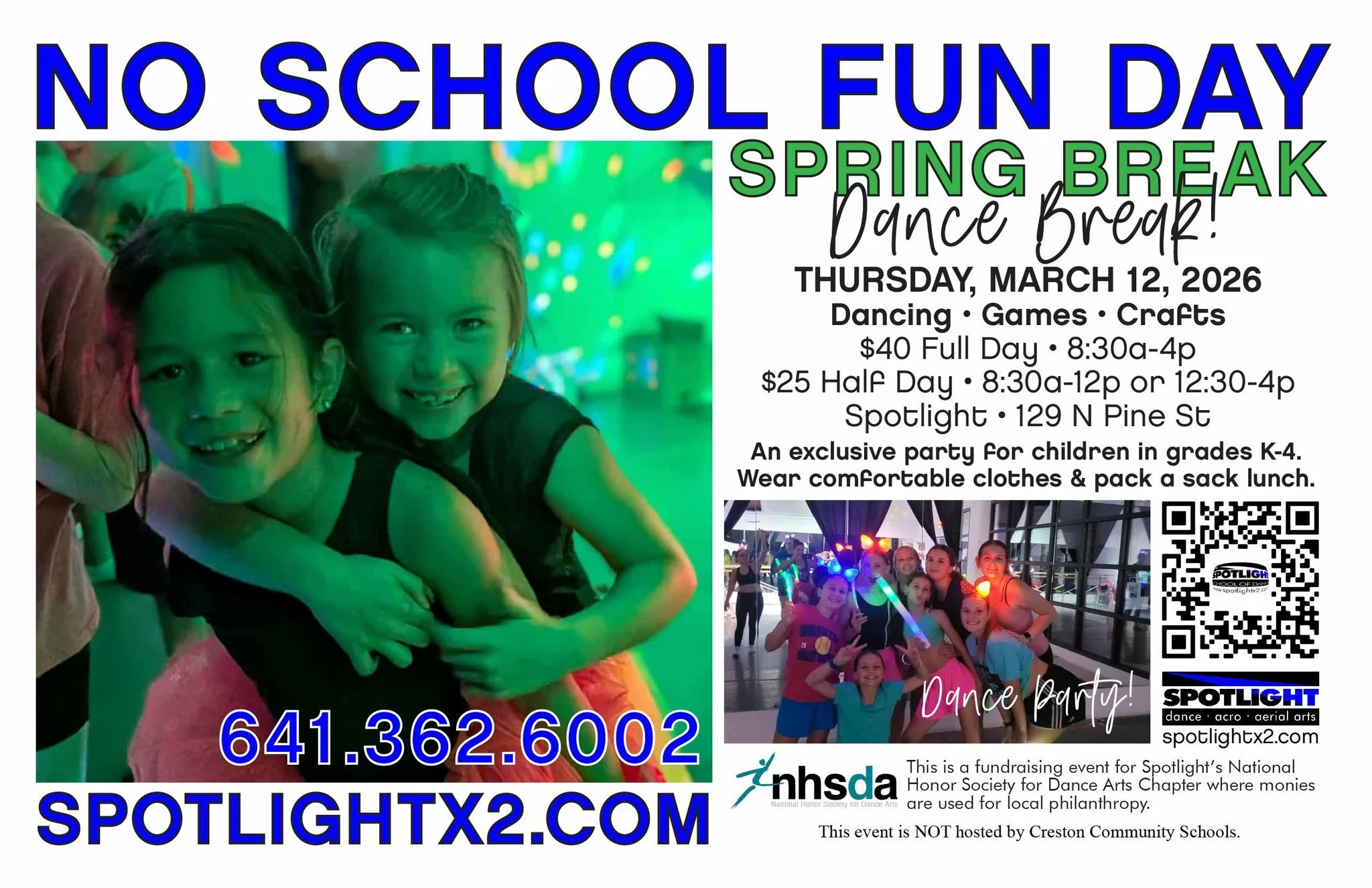 🚨⚠️ T &bull; O &bull; M &bull; O &bull; R &bull; R &bull; O &bull; W ⚠️🚨
S P R I N G ⛱ B R E A K 
D A N C E 🎶 B R E A K

It's a No School Dance Party at Spotlight! 💃🤸&zwj;♀️
📅 Thursday, March 12, 2026
⏰ Full Day 8:30a-4p 
⏰ Half Day Options 8:3