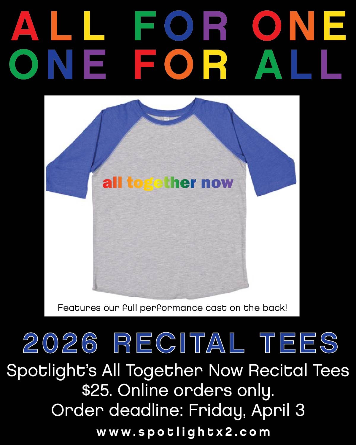 S P O T L I G H T 👕 R E C I T A L 👕 T E E S
A super cool baseball tee featuring our recital logo across the front and our full performance cast on the back! 😎

Order Deadline 🚨 04.03.26
Visit our online store on our website. LinkTree in bio.
ORDE