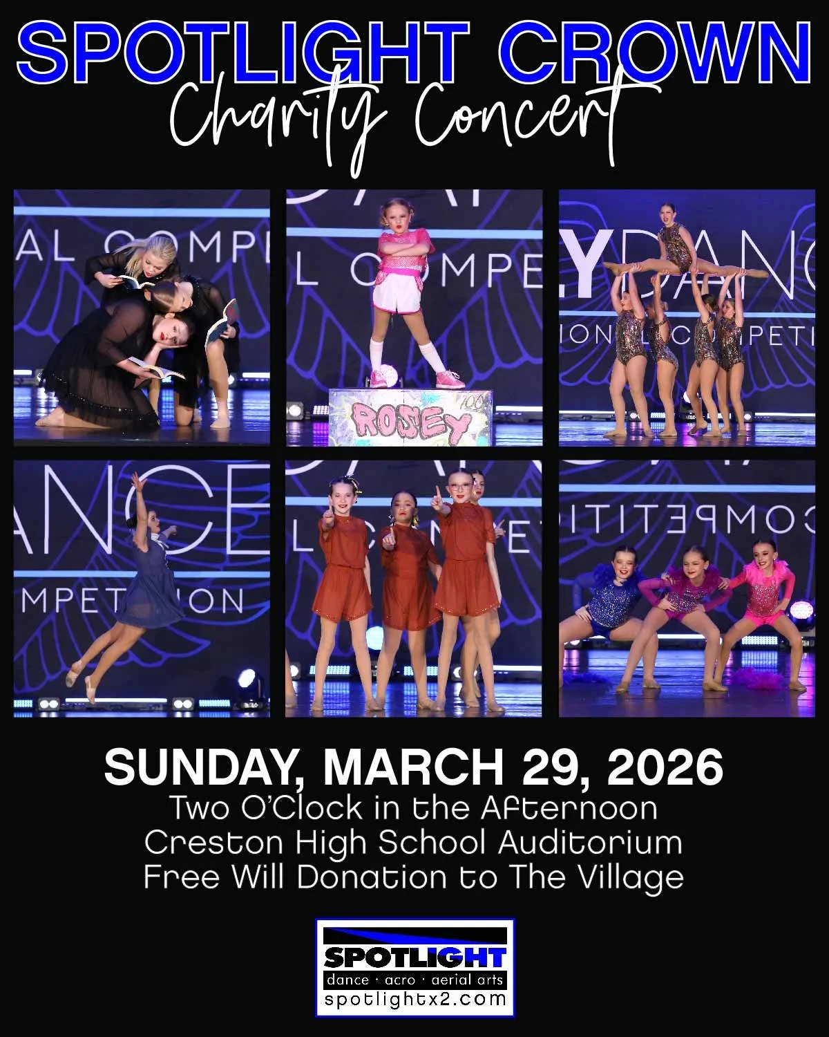 C R O W N 🌟 C H A R I T Y 🌟 C O N C E R T
a &bull; s t u d e n t &bull; d a n c e &bull; e x h i b i t i o n
📅 03.29.26
⏰ 2:00pm
📍 Creston High School
🏷 Free Will Donation for The Village: Postpartum &amp; Prenatal Support by Jenna West
#spotlig