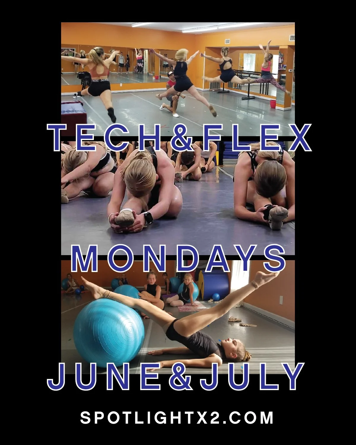 T E C H ➕ F L E X
s u m m e r 🔆 d a n c e 🔆 t r a i n i n g

Tech &amp; Flex offers training in ballet and jazz technique while focusing on flexibility this summer. 🤸&zwj;♀️🏋️&zwj;♀️ Continue to excel by staying active and engaged with Spotlight 